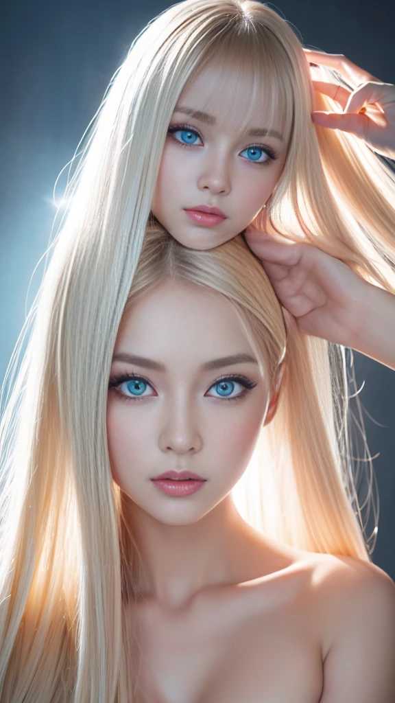 Unparalleled beauty, Glossy, firm and shiny skin, Bangs between the eyes, Beautiful shiny, straight platinum blonde, Super long straight silky hair, eyeliner, sexyで美しい無邪気な20歳, High resolution, Very bright and beautiful large glowing light blue eyes、Very big eyes、Beautiful and lovely girl, ((Huge ))、((erotic、sexy、超High resolution、The lighting is bright、Precise needles without discomfort))、