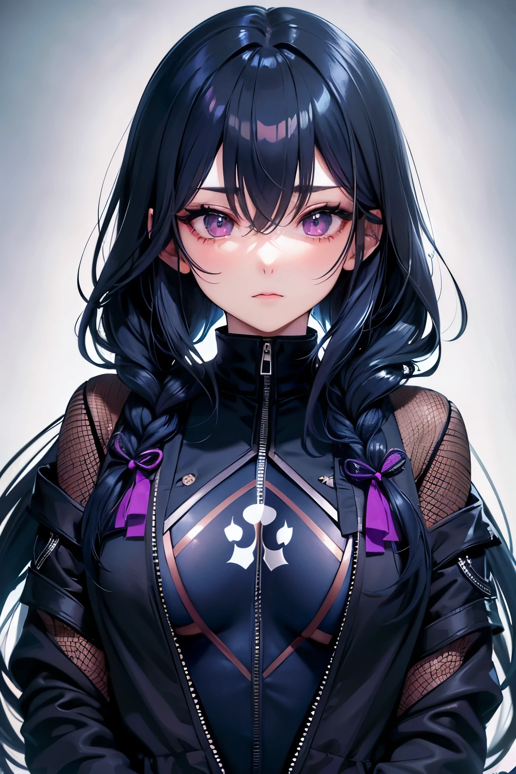 Ichinose Uruha,Jacket Hoodie,Towards pov, Long Black Hair, Hairstyle(Braiding), Hairstyle(((black navy blue, Dark navy blue mesh))), pupil(Purple),(Upper body close-up),
