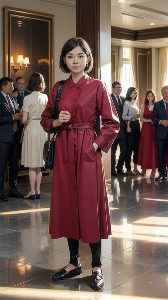 A big amount of woman standing in the big hotel lobby waiting for them to check in, (High Quality)
