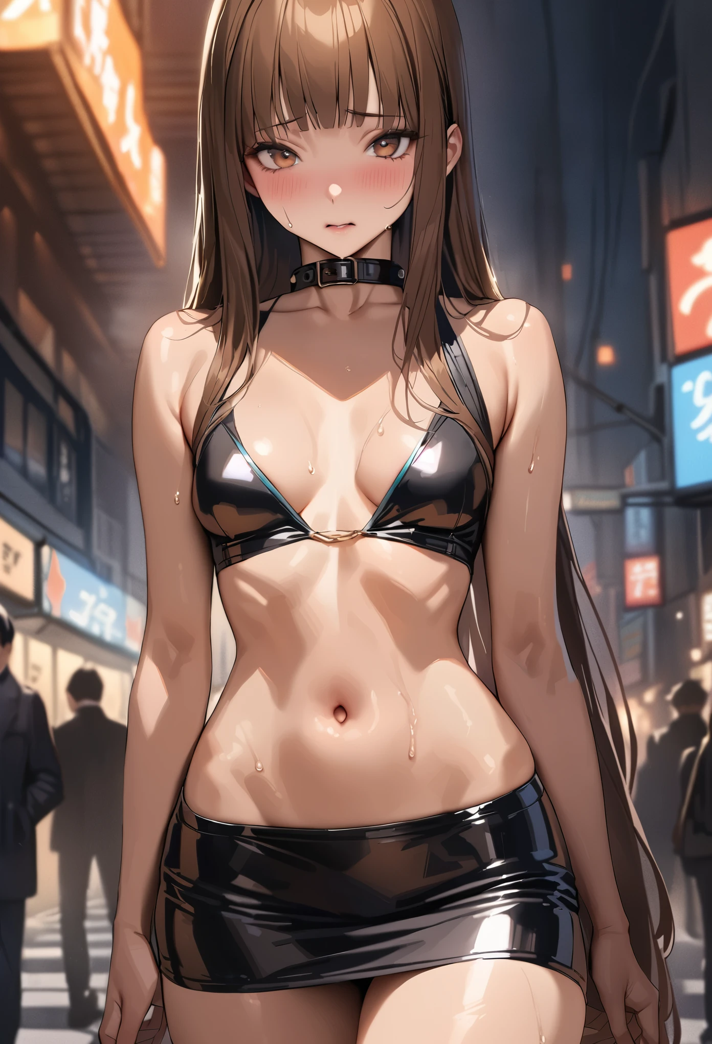 ((masterpiece,best quality anime,Highest quality:1.3)),realistic,cowboy shot,Mature Beauty,独奏,1woman,((very small head:1.3)),ideal ratio body proportions,tan skin,brown hair,bangs,straight long hair,gorgeous eyes,brown eyes,shy,(Wearing a black formal jacket、navel、Black leather collar、Black tight mini skirt),((slender body,skinny,toned body)),small breasts,sweat,gleaming skin,shiny skin,on street,Shinjuku、Modern Tokyo、