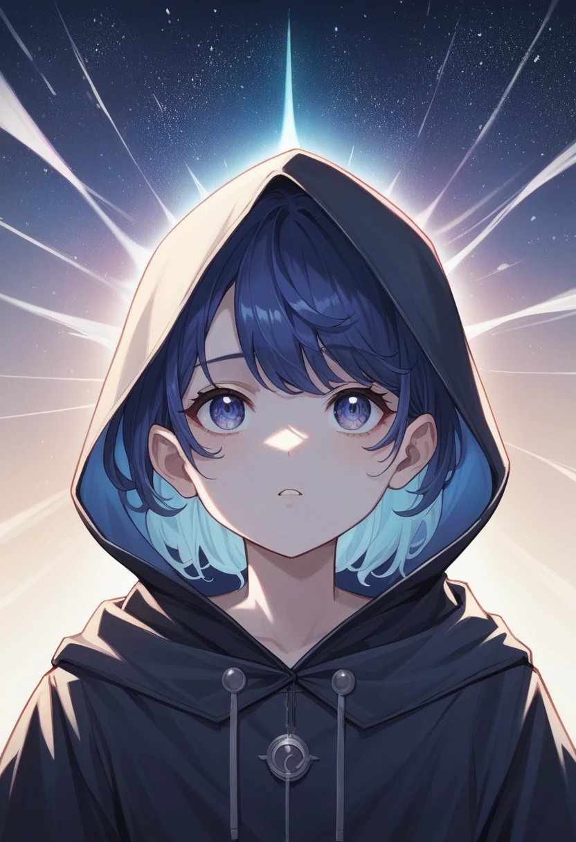 Midnight Dark Blue Galaxy Theme, A vast, quiet, dark galaxy with a dark and fantastical atmosphere、nebula, A small image of a hooded girl looking up at the view is on the wall.。anime style 、high-quality details, perfect composition,medium view, Blu-ray picture quality, 8k, HD