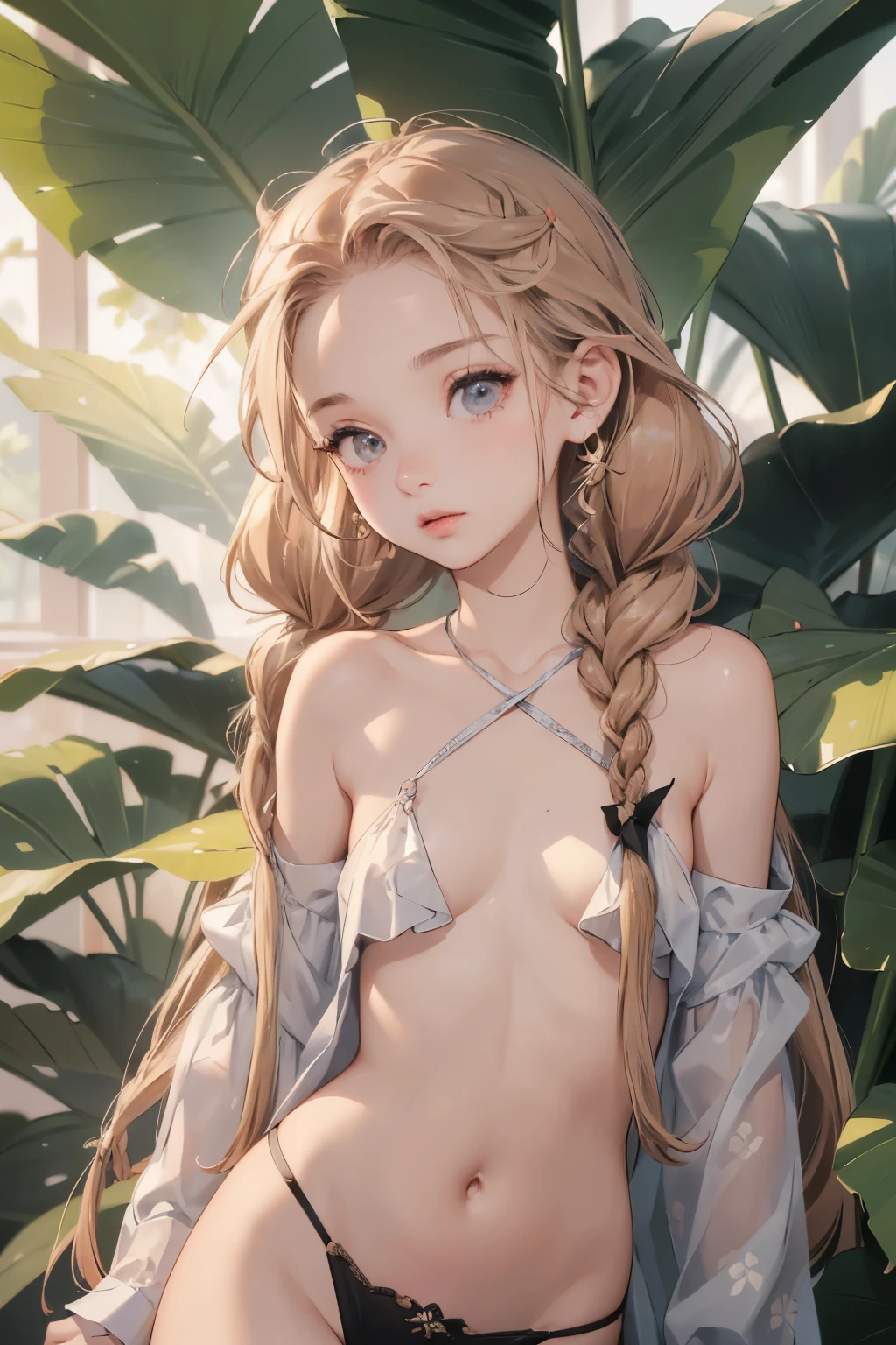 ((best quality)), ((masterpiece)), (detailed), 1girl, (big forhead:1.2),extremely detailed cute anime face, (((flat chest))), (flat chest:1.1),((((long twin braids,tight braids,long braid,braided hair,long hair)))),intricate eyes,beautiful detailed eyes,symmetrical eyes,(((detailed face))),beautiful detailed lips, looking at this, (((embarrassed))),(horrified expression),(panic),(crying),highres,(best quality),(ultra detailed,extremely detailed),perfect face details, ((masterpiece:1.4, best quality))+, (ultra detailed)+, long twintails, cute girl, (flat chest:1.1), small , slim body, skinny, ((narrow hips)), prominent collarbones, skinny arms, flat stomach, visible hip bones, long hair, red hair, white hair, blonde hair, dark hair, ponytail, thick ponytail, heavy ponytail, small breastsct face, small breasts (flat .1), NSFW, long revealing gown,Detailed body,Full limbs, ((front facing)), NSFW, (flat chest:1.1), wild environment, jungle, nature
