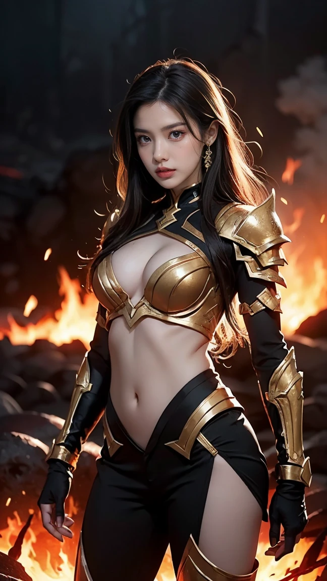 "Create an image of Bristleback (Rigwarl) from DOTA game in her Infernal skin, with fiery armor and glowing red-hot spines, have massive k-cups, standing in a volcanic terrain with lava flows and molten rocks."
