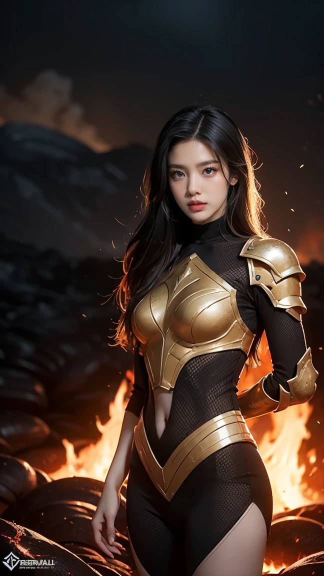 "Illustrate Diana from League of Legends by Riot Games in her Infernal skin, featuring her fiery, molten armor with blazing red accents, having massive k-cups:1.55,no having clothes, She's surrounded by a hellish landscape with flowing lava and burning flames, in an attractive pose with a fierce, intense gaze."