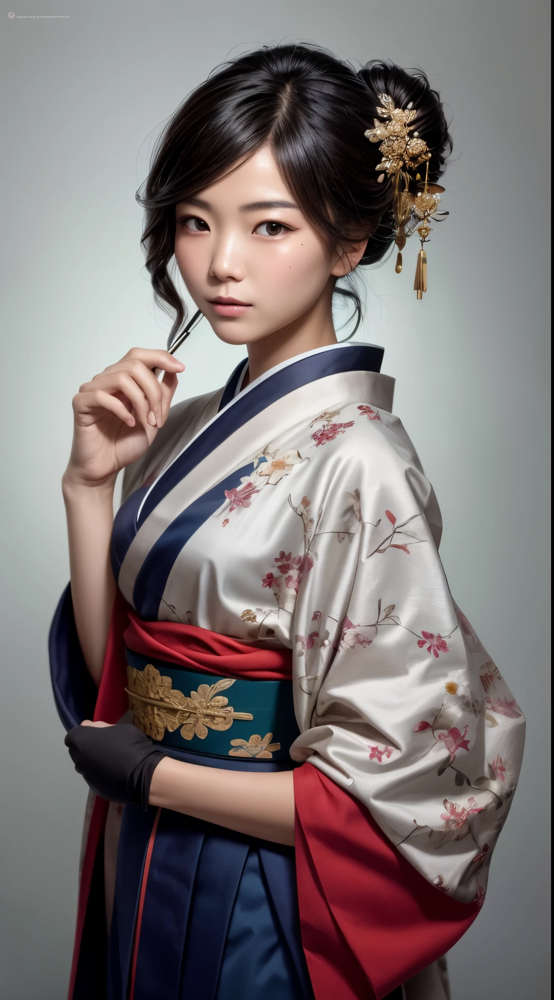 Geisha a young Japanese girl, hair tied back slightly parted in the front, wearing modern kimono, holding a traditional Hand fan, attractive Posing, shadow, head and shoulders portrait, 8k resolution concept art portrait by Greg Rutkowski, Artgerm, WLOP, Alphonse Mucha dynamic lighting hyperdetailed intricately detailed Splash art trending on Artstation triadic colors Unreal Engine 5 volumetric lighting