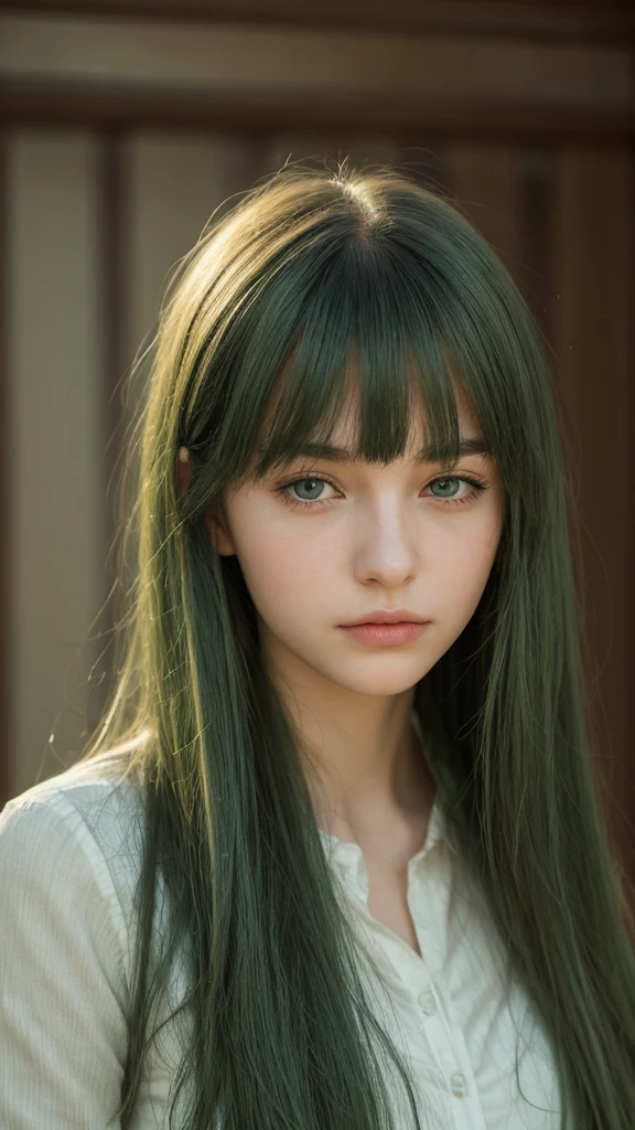 a girl.  Europe.  Extremely detailed face.  Oval face.  delicate facial features.  half-closed eyes.  long straight hair.  messy hair.  bangs.  green hair.  green eyes.  Sad.  shy.  straight face