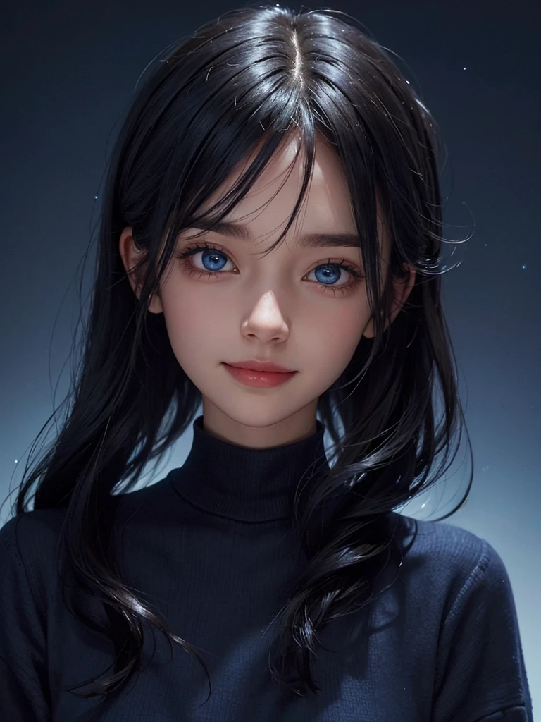 she is wearing a blue  jumper, and is a girl with dark navy hair that looks like the night sky and blue eyes that look like sapphire. she is looking straight ahead. she is smiling.