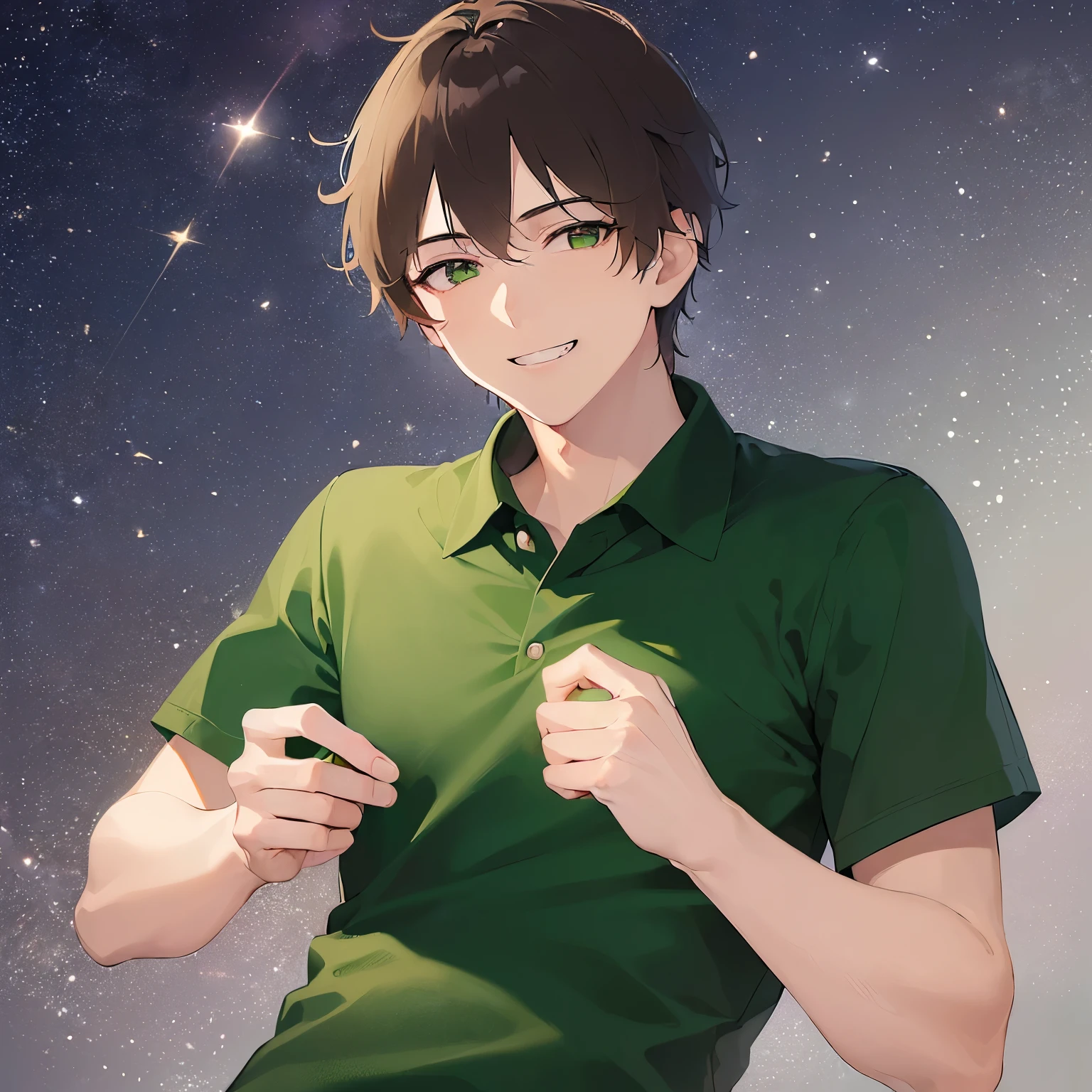 (night:1.5), masterpiece、Highest quality、(25-year-old male:1.5) and (Brown short hair) and (Green Eyes), BREAK (black polo shirt) BREAK、Are standing、(grin:1.2), The background is the night starry sky、(Alone:1.5)、Upper body is shown、