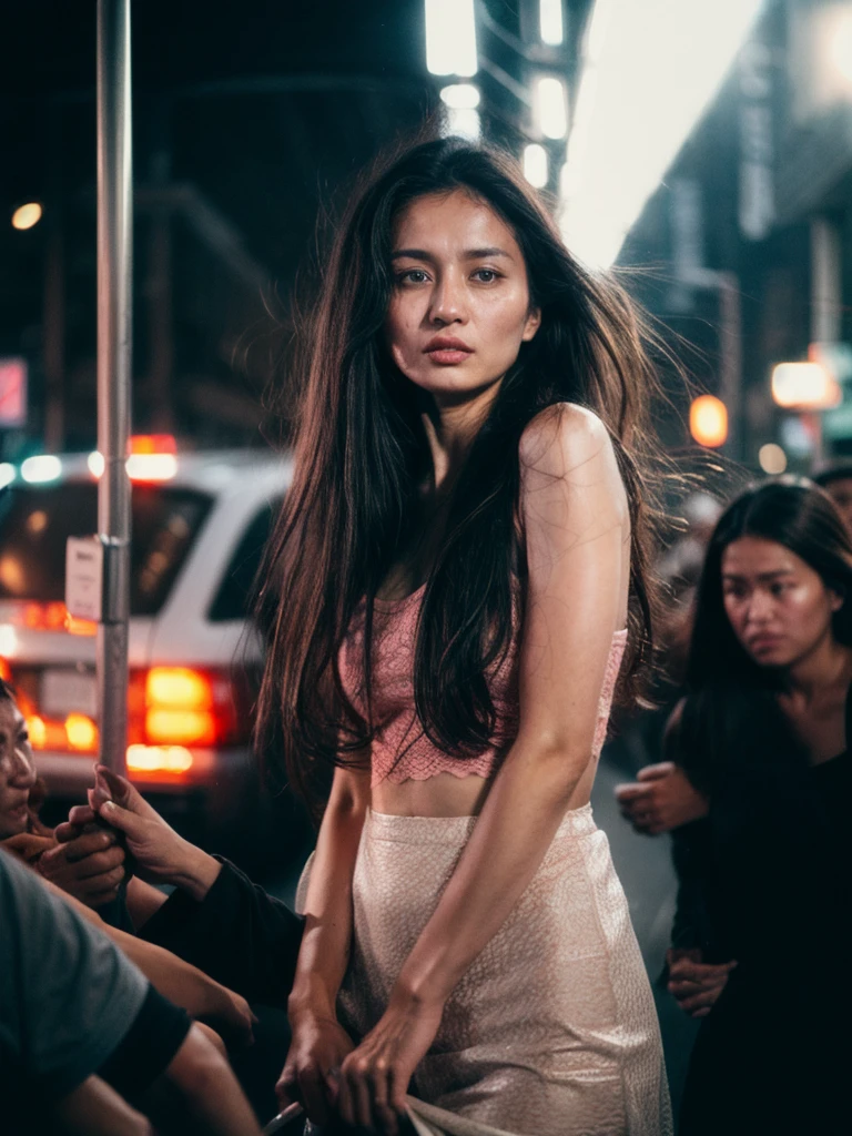 (Full shot:1.4), (best quality:1.4), 1girl, kazakh, cute face, pink lace tanktop with short skirt, surrounded by very close crowded in busway, (emotional posing:1.2), wavy hair, bangs, (hair blowing in the wind:1.2), (dramatic moment:1.3), (dynamic object:1.4), crowd (motion blur:1.3), film looks, RAW photo, beauty shadow, neon light, (ambient lighting:1.2), detailed skin, detailed face and eyes, ultra highly detailed, surreal view, sharp focus, shot by zenit analog film, cinematic portrait by annie leibovitz, aesthetic photography in 2024, (candid:1.5)
