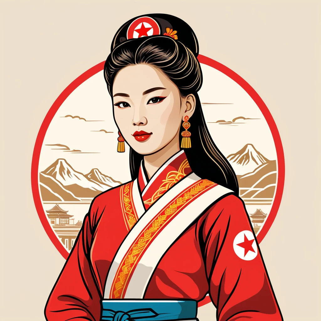 woman in north korea folk outfit, vector graphics, strong contours, logo design