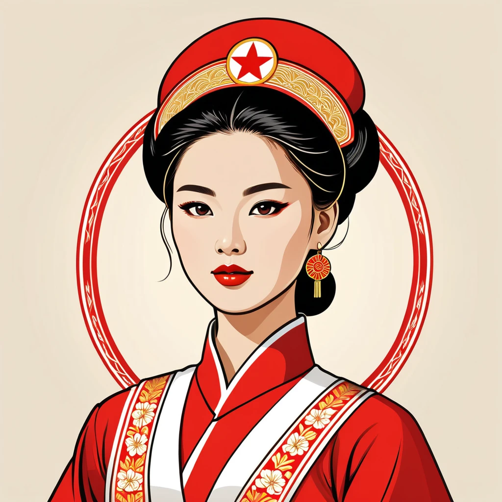 woman in north korea folk outfit, vector graphics, strong contours, logo design
