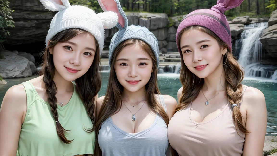 ( 3 women),smile、Look into the camera、diamond necklace、Braided hair, youthful face、Cute face, Age 12 years, knit hat, random color tank top, waterfall, rabbit hat, masterpiece, best quality.,(((The chest is erect.:1.0)))(((round chest:1.0)))(((big breasts:1.1)))