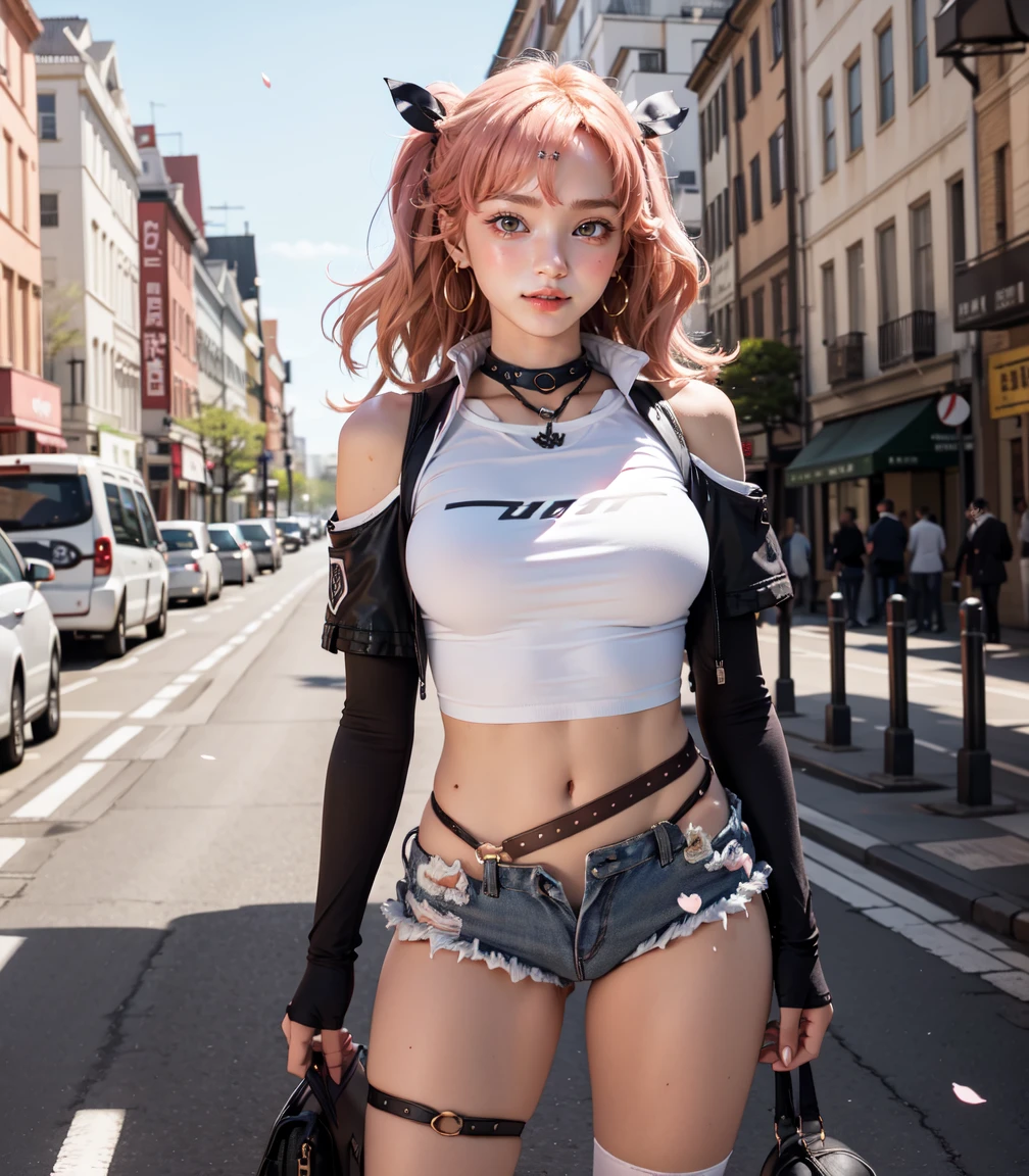 Masterpiece, best quality, extremely detailed artwork, award winning, retina, soft light, sharp focus. (((solo))), (cowboy shot:1.5),
nicole demara
tube top, single thighhigh, short shorts, cropped jacket, belt boots, hair ribbon, hairclip, earrings, single sock, high belt, thigh strap, detached sleeves, doll, black collar, smile, looking at viewer, outdoors, street, cherry blossoms, petals, open legs, embarrased, blushing, standing
Huge breasts, Turned, erotic and provocative, (EMPTY STREET)
FULL BODY SHOT, ultra wide angle, smooth perfect skin, smooth_skin, face detail, clean skin, perfect hands, perfect anatomy, anatomically correct,
(realistic city background:1.2)