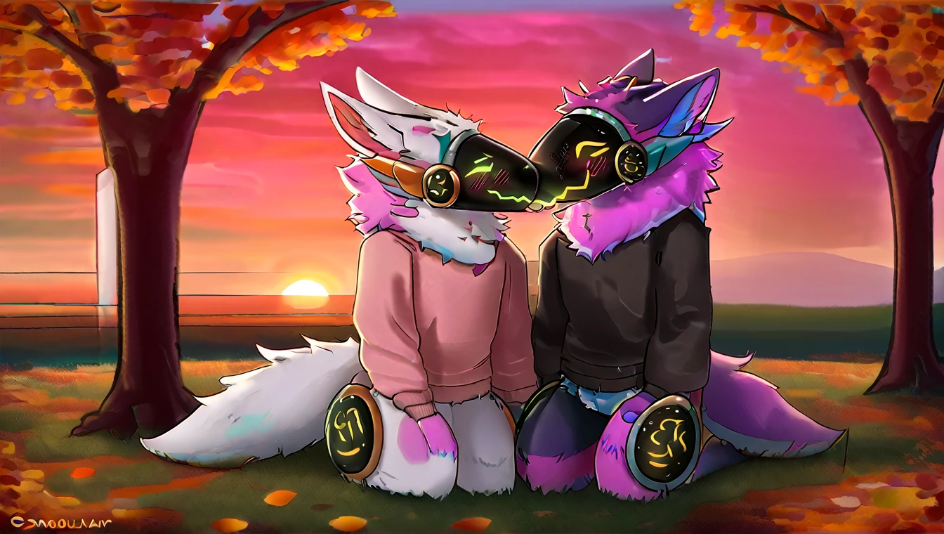 ((best quality)), ((masterpiece)), furry, furry art, protogen, white fur, white visor, black sweater, another protogen, pink fur, pink sweater, (autumn), (trees), leaves, sunset, romance, kissing, (horizontal view), sitting together, love, smooch, blushing