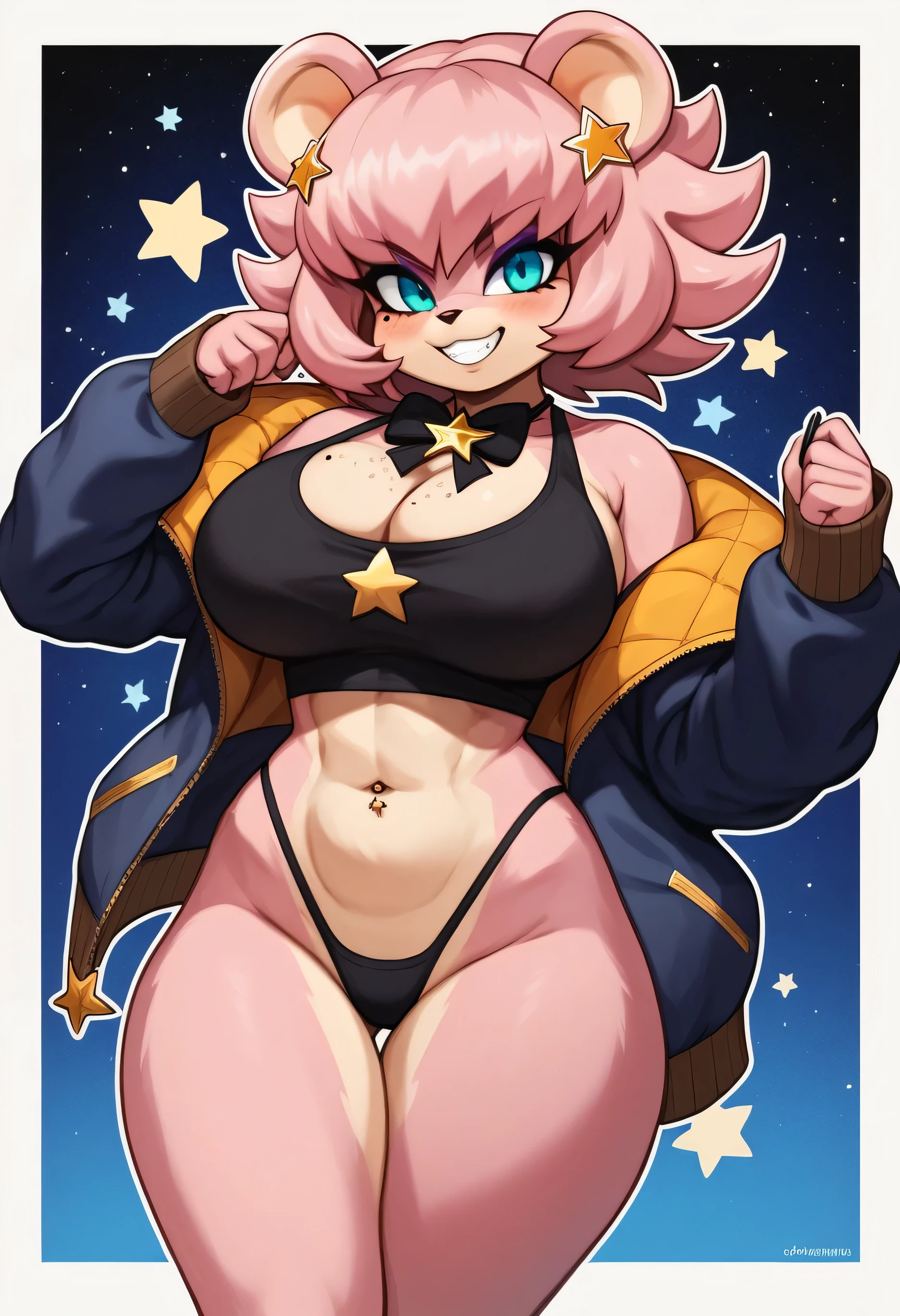 (master piece: 1.1), By aruurara, fredina, bear girl, 1girl, pink fur, star hair ornament, starry background, saint quartz \(fate\), 1girl, star necklace, mole, star earrings, animal ears, solo, navel, big breasts, big thick, freckles, pink hair, mole on breast, highleg, bowtie, panties, cleavage, black highleg panties, bear ears, navel piercing, sticker, furry female, Short Pink Puffer Jacket/W Black Top Kitty, long arm sleeves, body fur, furry, tank top, smile, blush, pencil drawing style, cross hatching texture shadows, full body view, random poses, fashion pose, dynamic Pose, dynamic view, Mythology Go, street style pose, random dynamic angle view