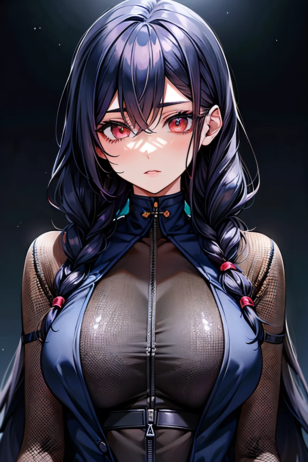 Adult women,Ichinose Uruha,Jacket Hoodie,Towards pov, Long Black Hair, Hairstyle(Braiding), Hairstyle(((black navy blue, Dark navy blue mesh))), pupil(Purple),(Upper body close-up),