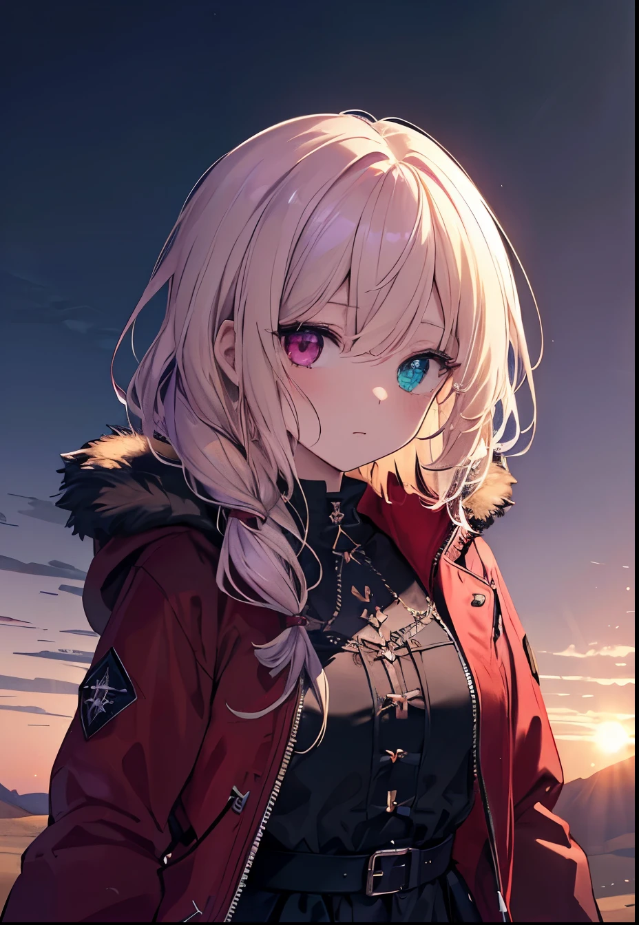 ((sand漠, sand, sand丘, Refraction effect, sun)), (masterpiece, Highest quality), (One Girl), (alone), ((Portraiture)), Perfect Face, ((Heterochromia iridis, Blonde and purple hair, ((Red long parka)), Unnecessary belts in the Gothic style are everywhere, Mole under the eye)), the background is a beautiful sand漠 with cactus, Tumbleweed, Cinematic Light, sunny day, Dramatic lighting, Very detailed, 8k, watercolor, Dainty, delicate (Gothic Lace, Gothic Rose, Goth aesthetic)