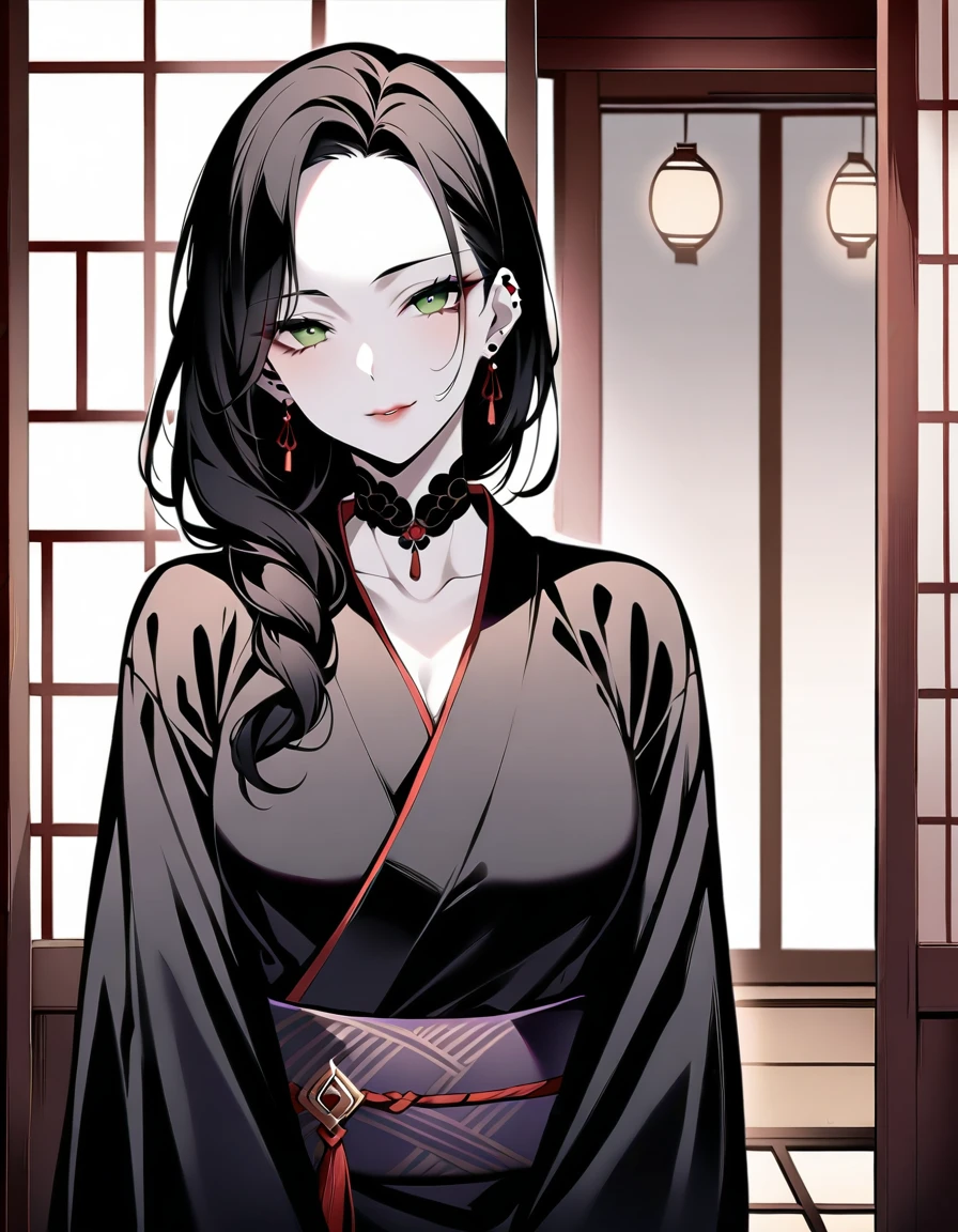 In a darkened, dimly-lit chamber, an enigmatic and alluring widow, her raven tresses cascading like night's veil, dons a glossy black kimono that seems to absorb the faint candlelight. Her piercing gaze, a window to her wicked soul, gleams with malevolent intent as she stands poised, one hand grasping the fabric of her kimono, the other extended like a siren's call, beckoning the unwary into her web of deceit and desire.,(An evil seductive smile on the other side of the Japanese-style bedroom with the sliding doors open., A 35-year-old mature widow with a mysterious beauty wearing a seductive black kimono looks at me while doing so.),masterpiece, incredibly absurd resolution, absolute resolution, super high resolution,
