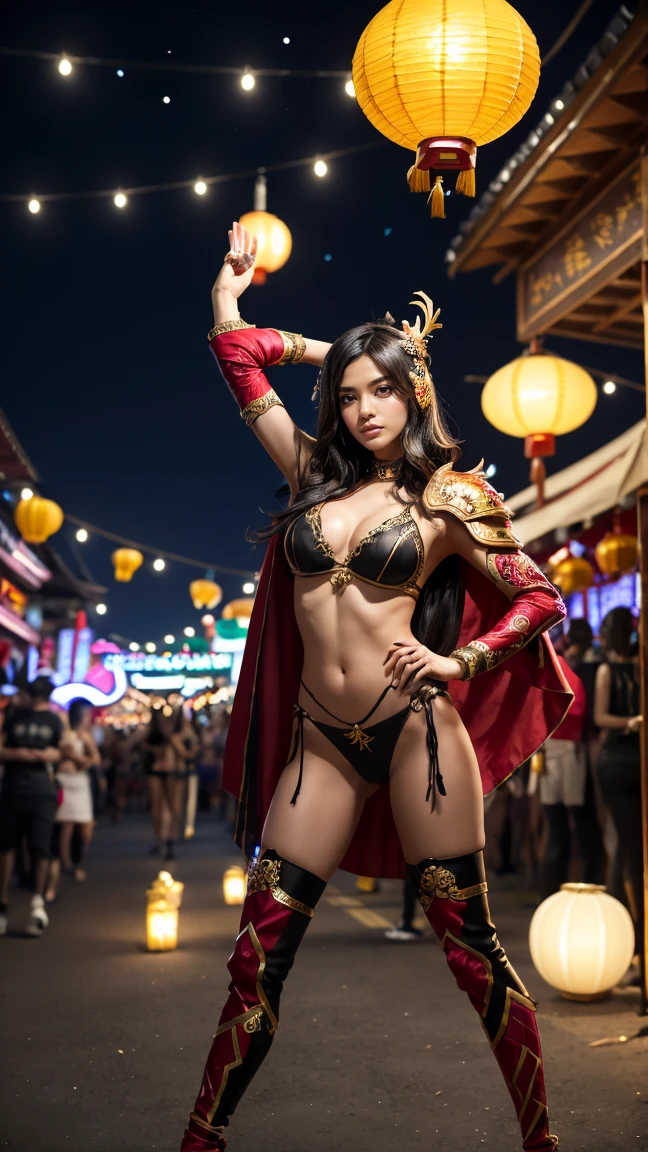 "Create an image of Fiora from League of Legends by Riot Games in her Lunar Beast skin, wearing her festive, Lunar New Year-themed armor with bold colors and intricate designs, no having clothes,having massive k-cups:1.55. She's in a vibrant festival setting with lanterns and fireworks, in an attractive pose with a determined, celebratory stance."

