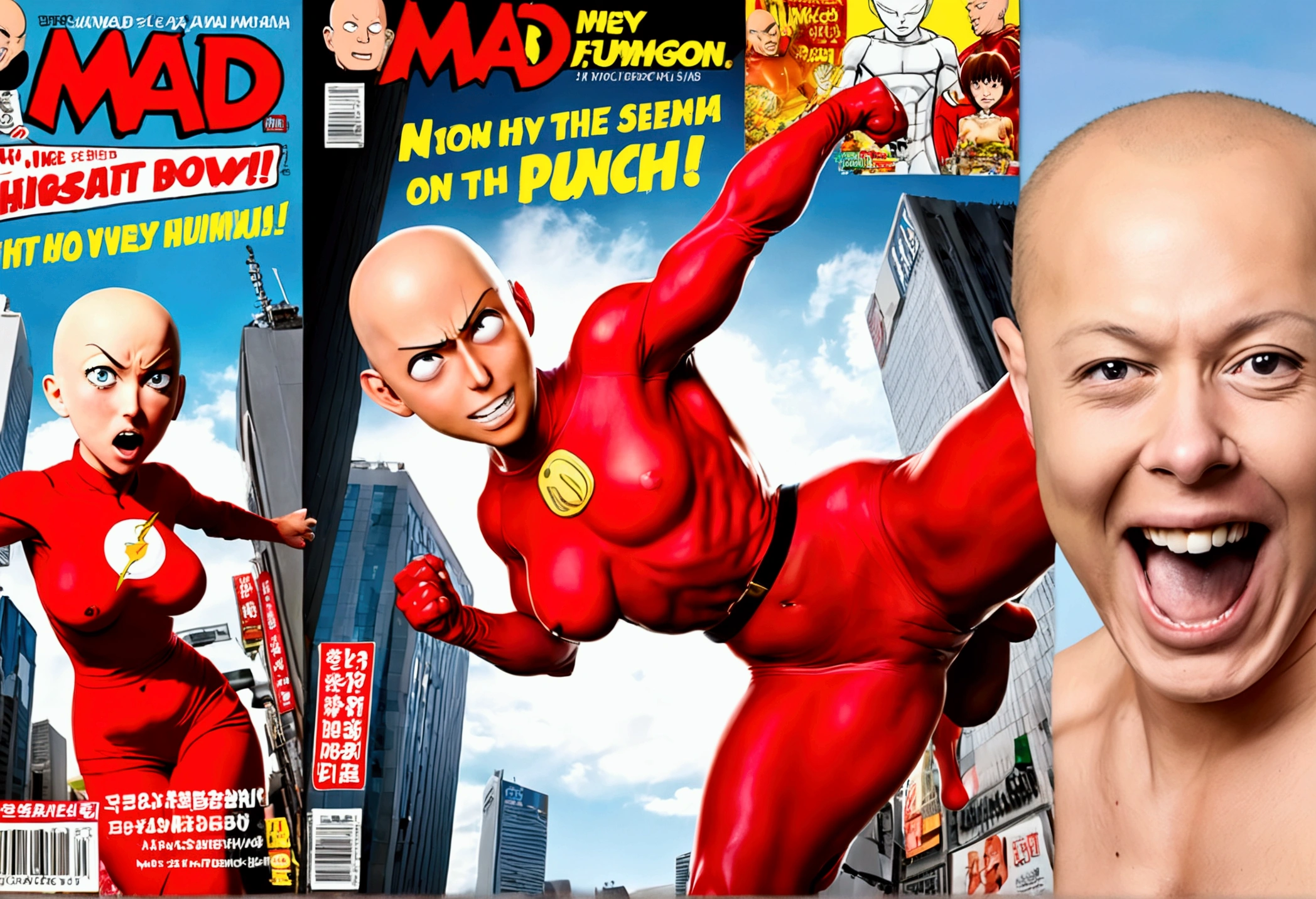 (Mad Magazine cover) Alfred E Neuman as One Punch man Saitama in a heroic pose with classic Newman smile, Tatsumaki (extremely sexualized, big butt, big boobs, classic dress) very mad jumping up and down yelling at Saitama, bloody remains of a beast all over the crowd and downtown Tokyo
