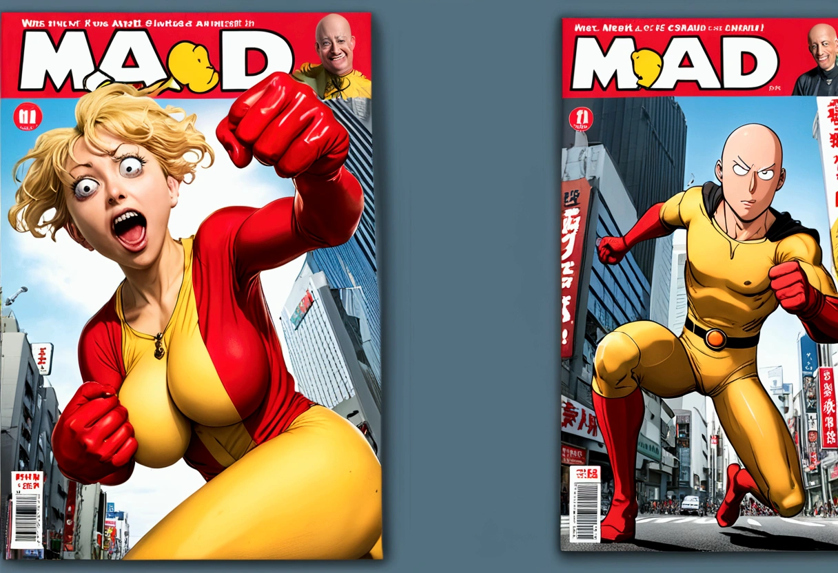 (Mad Magazine cover) Alfred E Neuman as One Punch man Saitama in a heroic pose with classic Newman smile, Tatsumaki (extremely sexualized, big butt, big boobs, classic dress) very mad jumping up and down yelling at Saitama, bloody remains of a beast all over the crowd and downtown Tokyo
