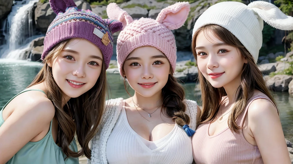 ( 3 women),smile、Look into the camera、diamond necklace、Braided hair, youthful face、Cute face, , knit hat, random color tank top, waterfall, rabbit hat, masterpiece, best quality.,(((The chest is erect.:1.0)))(((round chest:1.0)))(((big breasts:1.1)))