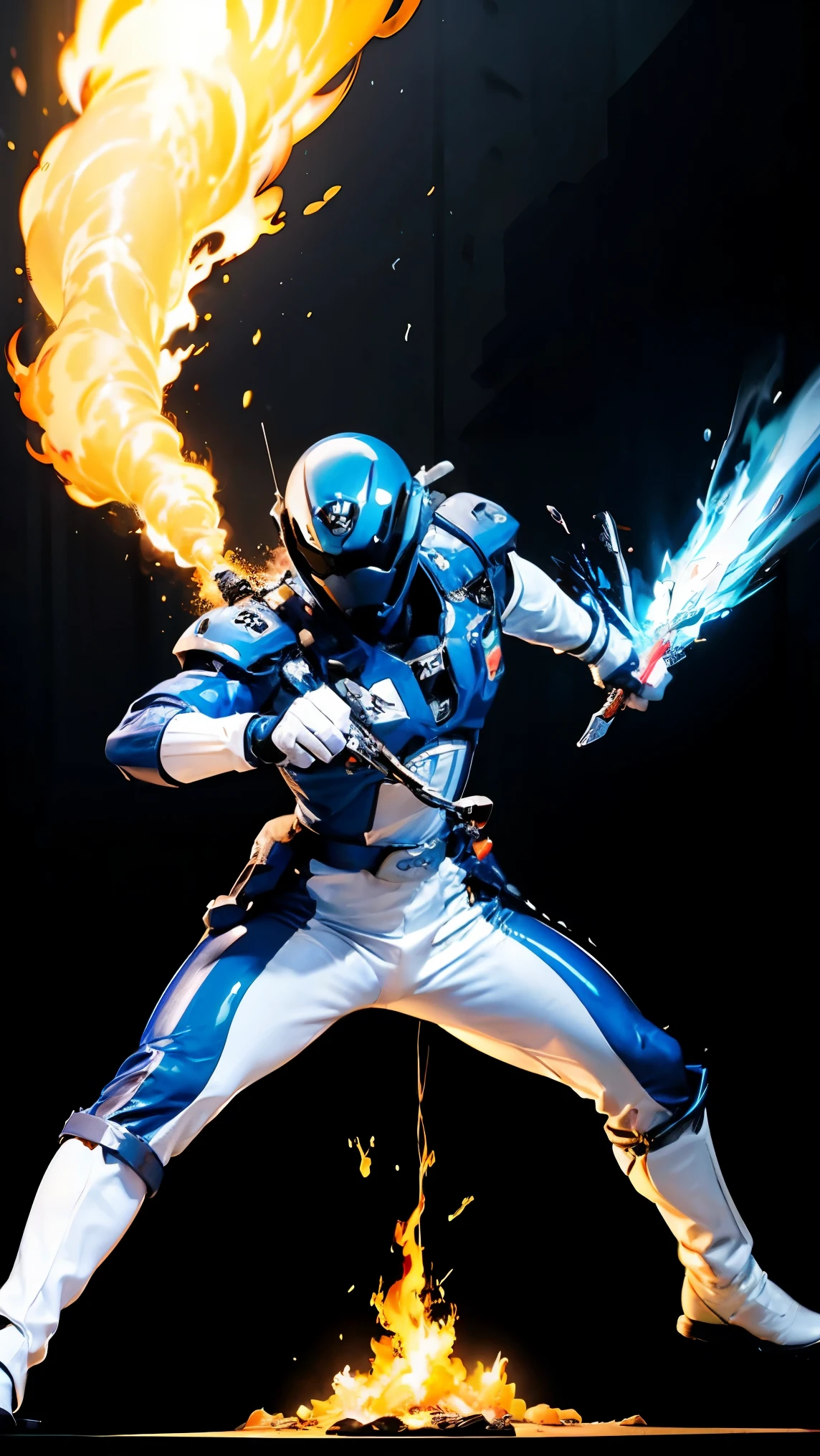 1boy, white, full body, Illustration, cinematic light, high resolution, best quality, ultra detailed, masterpiece, power suit, powerranger, suit, spd, (silver royal guard ranger suit), gold detail, holding white pistol, flowing, light armor,  martial arts, dynamics, flames, particles