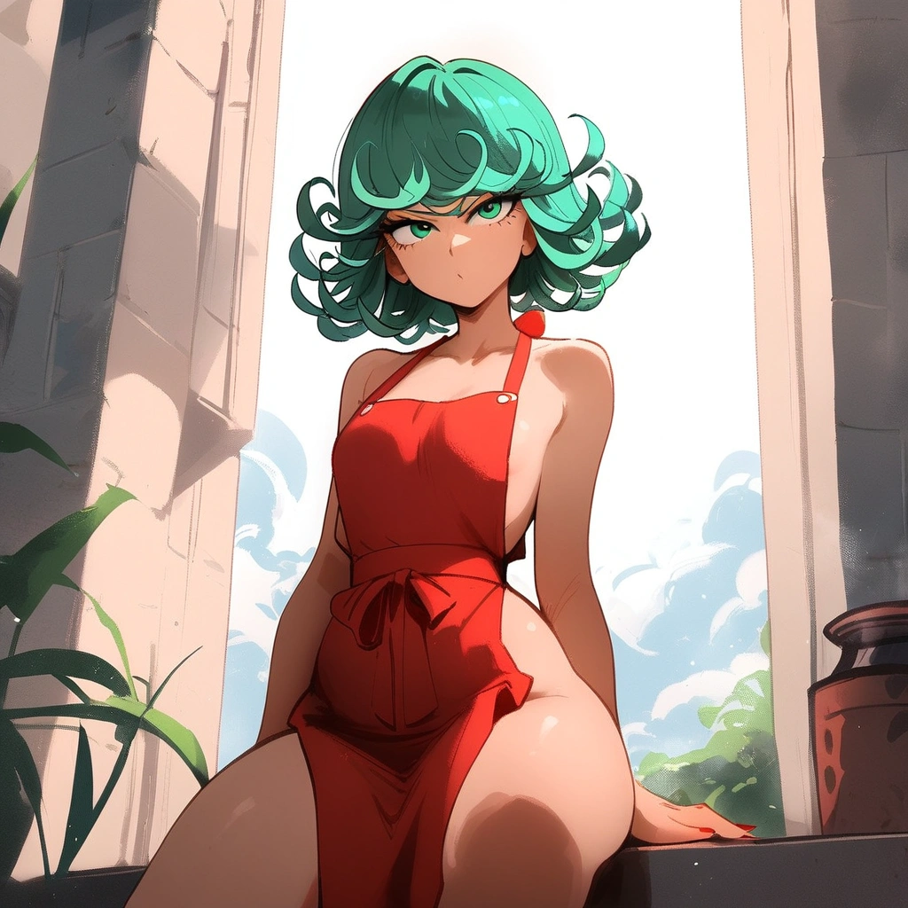 1girl, tatsumaki, one-punch man
\\\\\ masterpiece, best quality, newest ///// nyantcha, khyle, cutesexyrobutts \\\\\ thin waist, solo, sky, clouds, cropped legs, angry, day, looking at viewer, dutch angle, naked apron,, sit