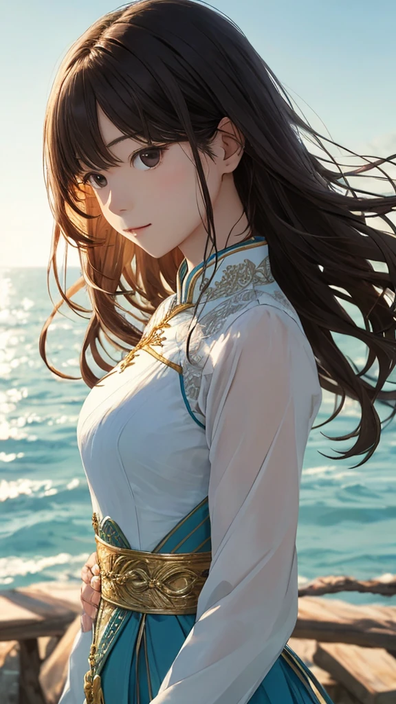 Shiraishi Mei, Looks exactly like Shiraishi Mei,Oceanの方を向いている後ろ姿、Woman looking up at the sky ,Long Hair,  Dark brown hair, , 18-year-old, photograph, Realistic, Highest quality, Detailed face, Strong sunlight, Ocean, Embankment, Detailed Background, Diffused sunlight, Written boundary depth, Bokeh (Highest quality: 1.2), (masterpiece: 1.2), Watch Viewer, Ao Dai,,Vision、(((Panorama:1.2)))Braid、。