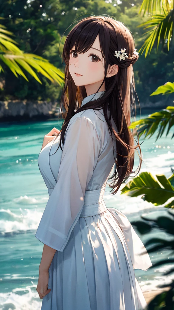 Shiraishi Mei, Looks exactly like Shiraishi Mei,Oceanの方を向いている後ろ姿、Woman looking up at the sky ,Long Hair, Dark brown hair, , 18-year-old, photograph, Realistic, Highest quality, Detailed face, Strong sunlight, Ocean, Embankment, Detailed Background, Diffused sunlight, Written boundary depth, Bokeh (Highest quality: 1.2), (masterpiece: 1.2), Watch Viewer, Ao Dai,,Vision、(((Panorama:1.2)))Braid、。