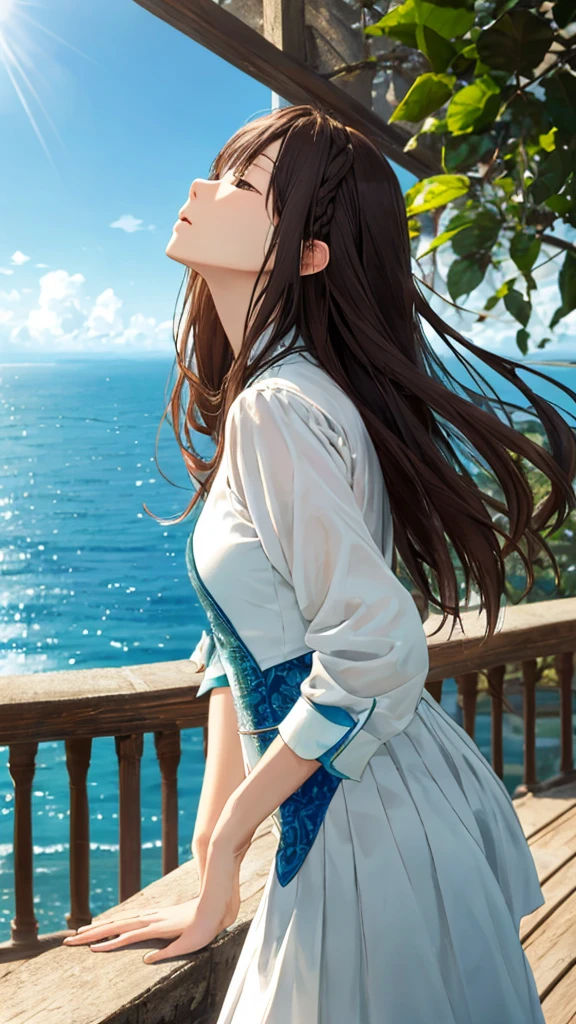 Shiraishi Mei, Looks exactly like Shiraishi Mei,Oceanの方を向いている後ろ姿、Woman looking up at the sky ,Long Hair,  Dark brown hair, , 18-year-old, photograph, Realistic, Highest quality, Detailed face, Strong sunlight, Ocean, Embankment, Detailed Background, Diffused sunlight, Written boundary depth, Bokeh (Highest quality: 1.2), (masterpiece: 1.2), Watch Viewer, Ao Dai,,Vision、(((Panorama:1.2)))Braid、。