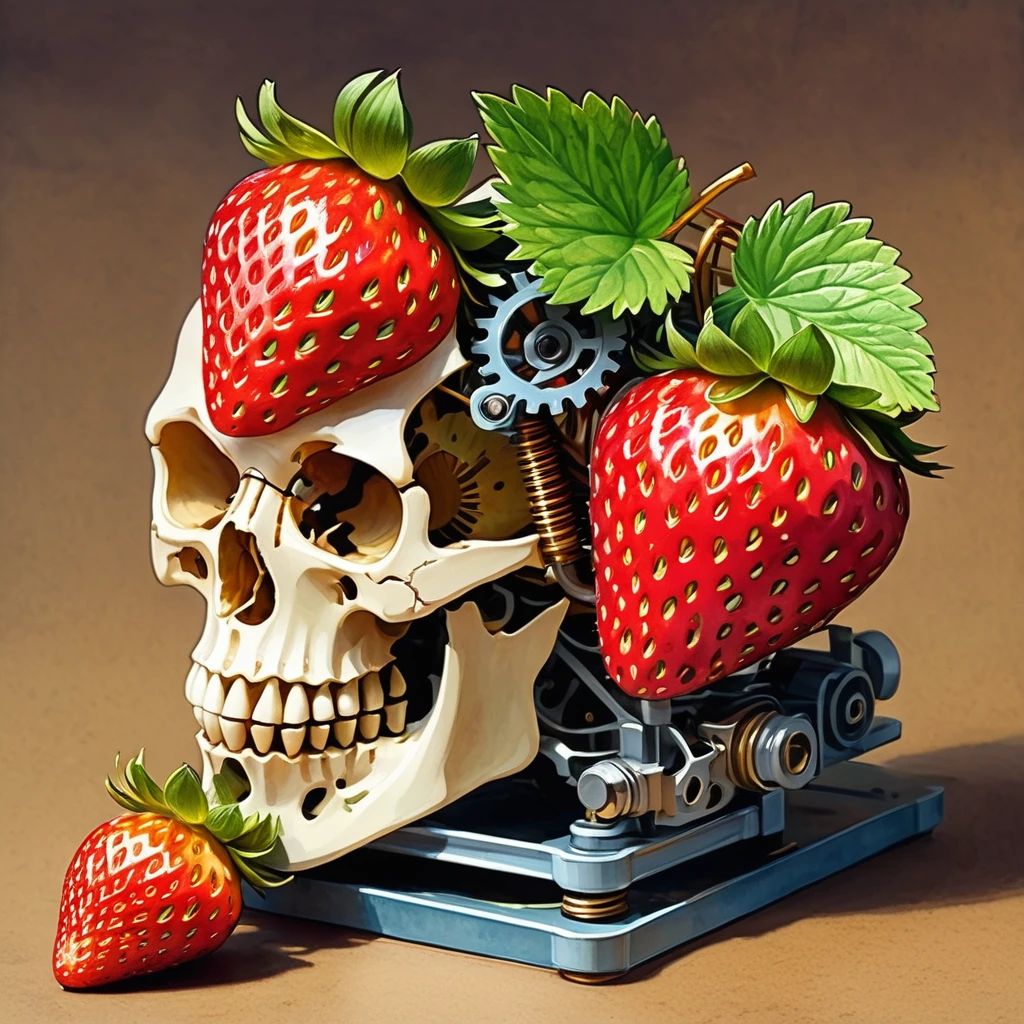 (best quality, high resolution, Watercolor mechanical strawberry,Mechanical skeleton,Mechanical housing