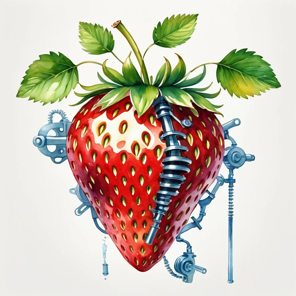 (best quality, high resolution, Watercolor mechanical strawberry，Mechanical skeleton，Mechanical housing