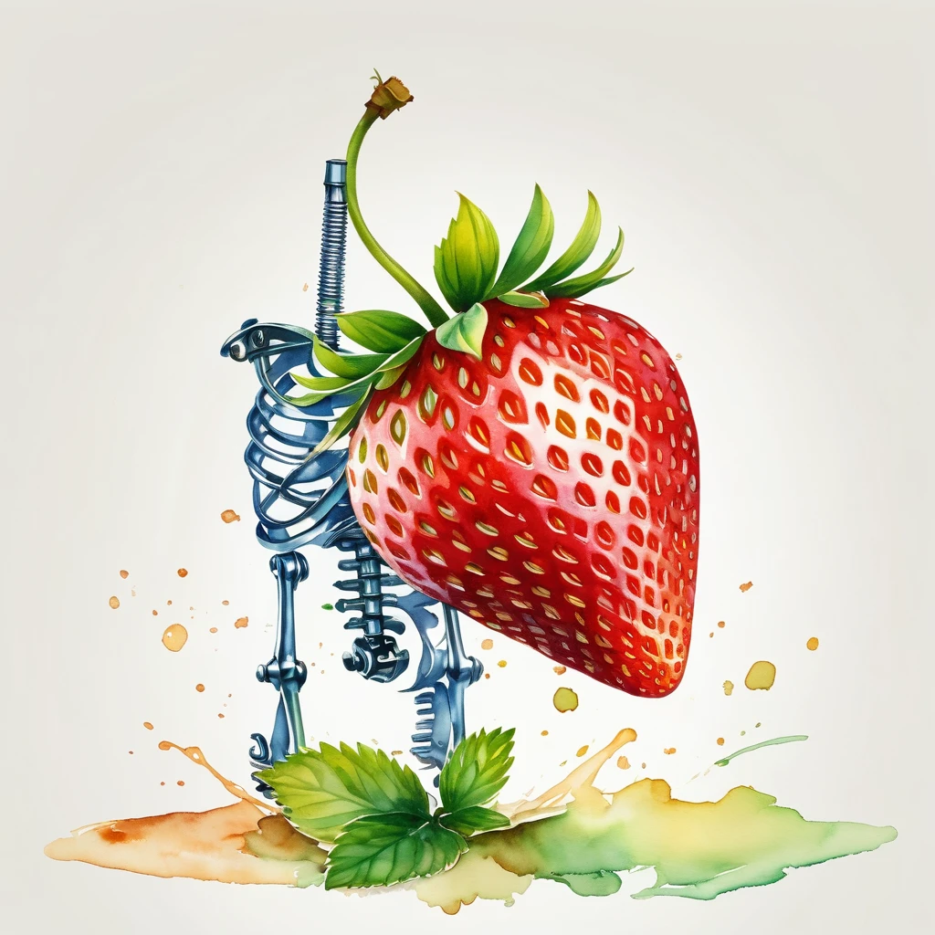 (best quality, high resolution, Watercolor mechanical strawberry，Mechanical skeleton，Mechanical housing