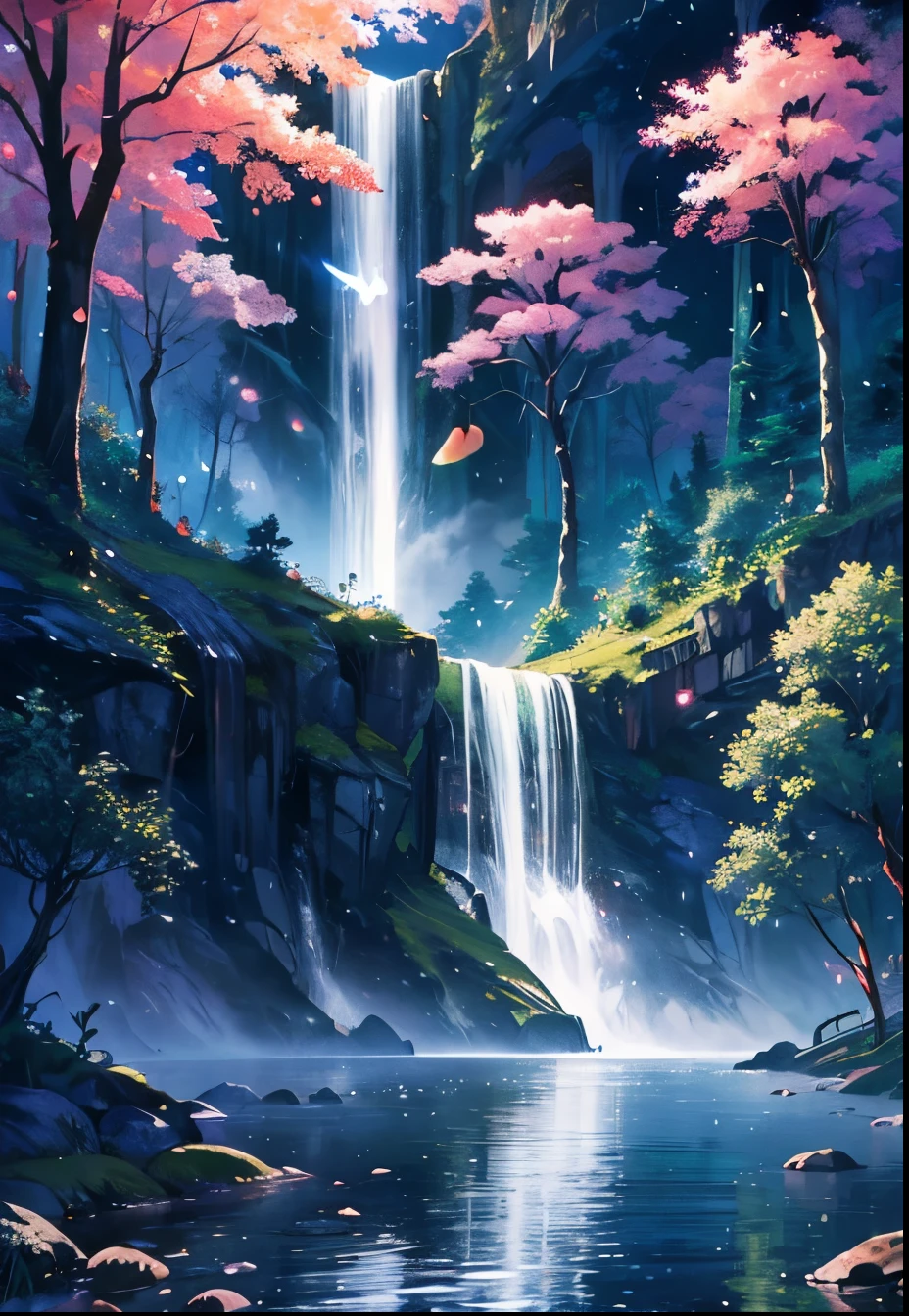 masterpiece, 最high quality, high quality, CG, 8k, scenery, night, null, cloud, no one〜do not have ,Lush forest, Beautiful waterfall, rainbow, Fantasy Images, fire Fly, moonlight, Aurora, wood, black snake on wood, A flock of apples, mousse, Albino deer, White Rabbit,