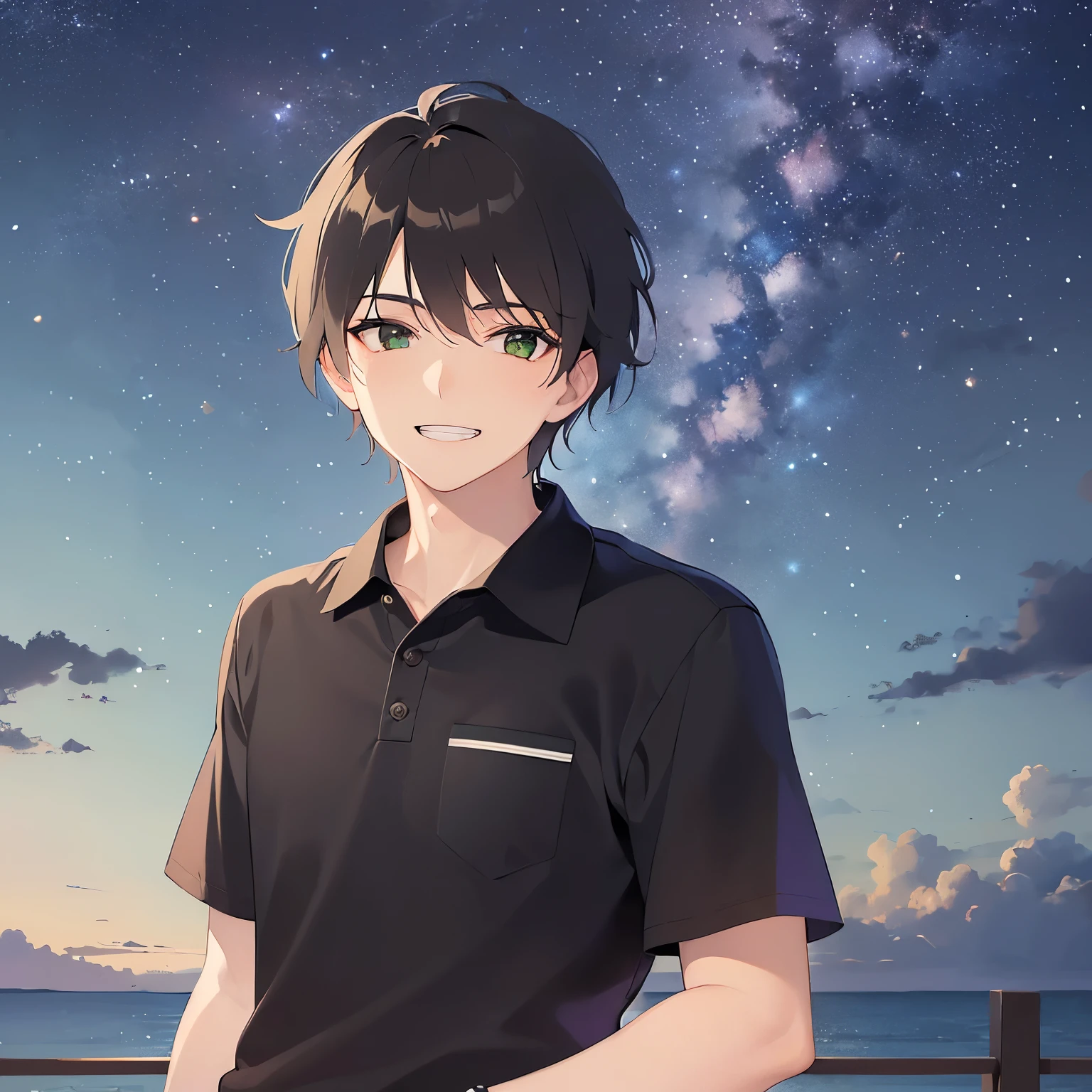 (night:1.5), masterpiece、Highest quality、(25-year-old male:1.5) and (Brown short hair) and (Green Eyes), BREAK (black polo shirt:1.1) BREAK、Are standing、(grin:1.2), The background is the night starry sky、(Alone:1.5)、Upper body is shown、