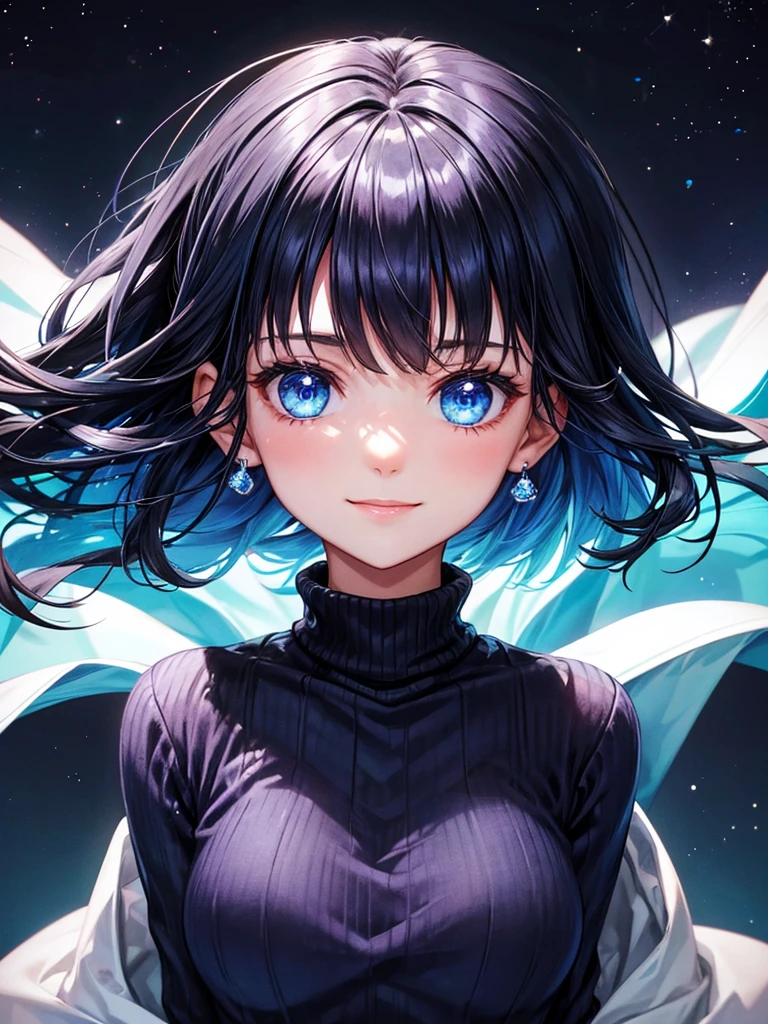 she is wearing a blue jumper, and is a girl with dark navy hair that looks like the night sky and blue eyes that look like sapphire. she is looking straight ahead. she is smiling.