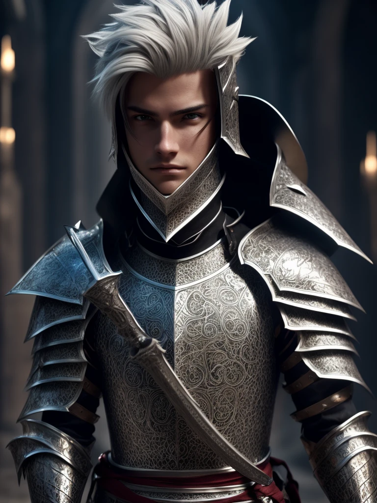 (a male knight in cracked sliver armor), handsome, ((he raise a sword stained with dark element)), a giant gate of castle behind him, light from the sky, lots of swords point at the knight, red eyes, silver hair, black hair, gradient hair, chiaroscuro, cinematic lighting, god rays, ray tracing, reflection light, ((close-up)), masterpiece, best quality, high quality, high details, highest, accurate, anatomically correct, textured skin, UHD, 1080P, ((anime))