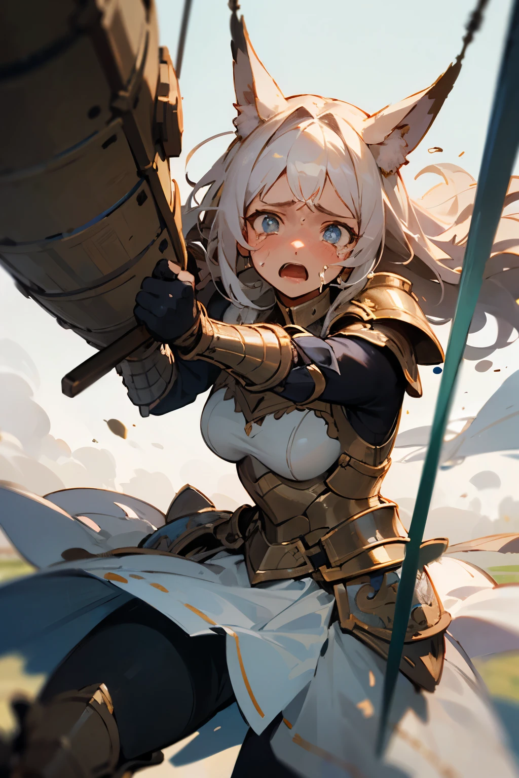 ((best quality)), ((masterpiece)), (detailed), a beautiful armored women with pointi ear fighting in war,eyes cry for victory,swinging sword.