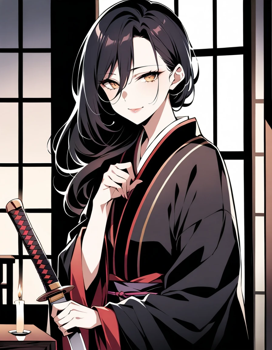 A shadowy figure emerges from the darkness, illuminated only by the faint glow of candles. A 35-year-old widow, her once-radiant features now shrouded in mystery, dons a glossy black kimono that seems to absorb all light around her. Her eyes gleam with wicked intent as she poses, one hand resting on the hilt of a katana, its blade glinting ominously. The air is heavy with secrets and foreboding, as if the very darkness itself holds its breath in anticipation of her next move.,(An evil seductive smile on the other side of the Japanese-style bedroom with the sliding doors open., A 35-year-old mature widow with a mysterious beauty wearing a seductive black kimono looks at me while doing so.),masterpiece, incredibly absurd resolution, absolute resolution, super high resolution,