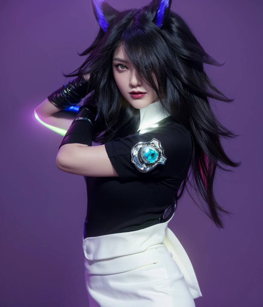 Create a hyper-realistic 4K image of a fantasy character with striking black hair and sharp, wolf-like ears against a vibrant purple background. The character has intense, glowing eyes and wears dark lipstick, enhancing her mystical allure. Her hair flows wildly around her face, adding to her fierce appearance. She wears a modern dark blouse with a prominent white collar, giving her a stylish yet intimidating look. The overall tone should capture a strong contrast between her dark features and the bright background, emphasizing her bold personaand a touch of whimsy. 3d model, multiple light sources, rim light, sharp post broken glass magic ball of turquoise color with fragments lying nearby frame above from above on a white background effects render, (glossy plastic texture with multiple big light probe refractions), perfect cgi, smooth silhouette, high intensity refraction, (super glossy plastic material), most beautiful vfx, , realistic, 4k, high resolution, rim light, smooth 3d model, multiple light sources, rim light, sharp post effects render,, realistic, 4k, high resolution, rim light detailed digital art, reflective, best quality, 4k, masterpiece:1.2, ultra-detailed, realistic, vivid colors, The image of the highest quality, ensuring every detail showcased perfectly. It in 4k resolution, allowing viewers to immerse themselves in the richness of the colors and intricate details. The realistic rendering. under the spotlight, reflecting, high-resolution image, realistic rendering