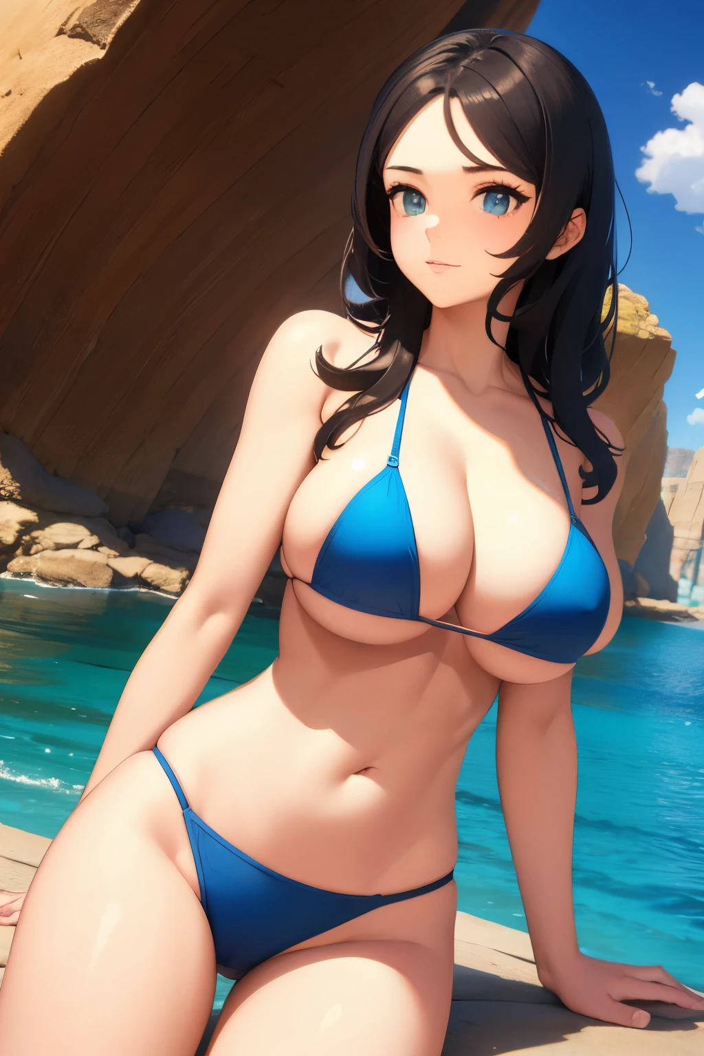 Girl with big breasts and only a bikini bottom