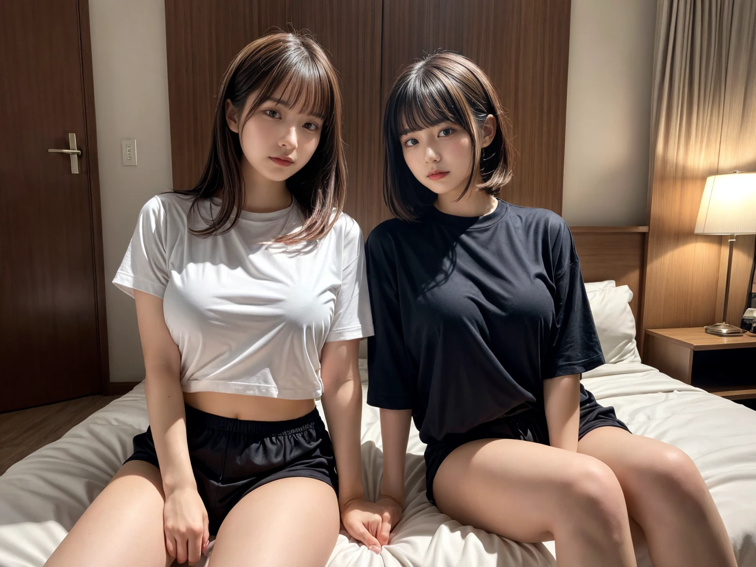 masterpiece, best quality, illustration, Super detailed, fine details, High resolution, 8K,wall paper, perfect dynamic composition,(Details High quality, realistic depiction of eyes:1.3), (2 girls), oversized sport shirt, shorts women, sitting, open legs, short bob hair, in a hotel room in the background, deep on field, large breasts, black hair color, Big Natural Color Lip, (perfect body shape), crying a little、Harajuku style、20 year old girl、cute type、beautiful legs, Gravure Idol
