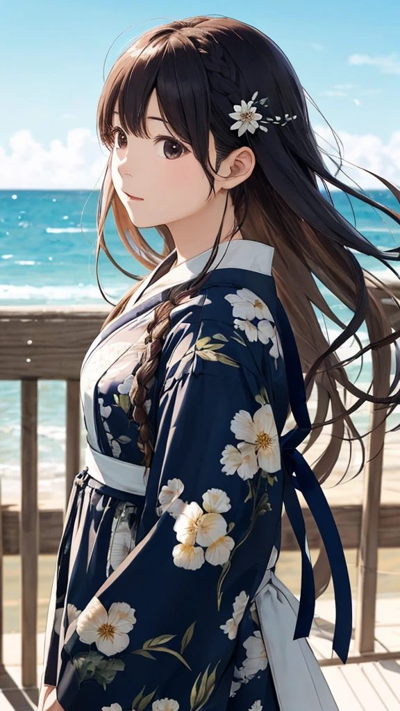 Shiraishi Mei, Looks exactly like Shiraishi Mei,Oceanの方を向いている後ろ姿、Woman looking up at the sky ,Long Hair, Dark brown hair, , 18-year-old, photograph, Realistic, Highest quality, Detailed face, Strong sunlight, Ocean, Embankment, Detailed Background, Diffused sunlight, Written boundary depth, Bokeh (Highest quality: 1.2), (masterpiece: 1.2), Watch Viewer, ,,Vision、(((Panorama:1.2)))Braid、。