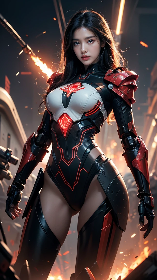 "Illustrate Illaoi from League of Legends by Riot Games in her Battlecast skin, featuring her mechanized armor with red glowing circuits and metallic plating,no having clothes, having massive k-cups:1.55. She's in a futuristic battlefield with robotic debris and towering machinery, in an attractive pose with her mechanical tentacles ready for battle."
