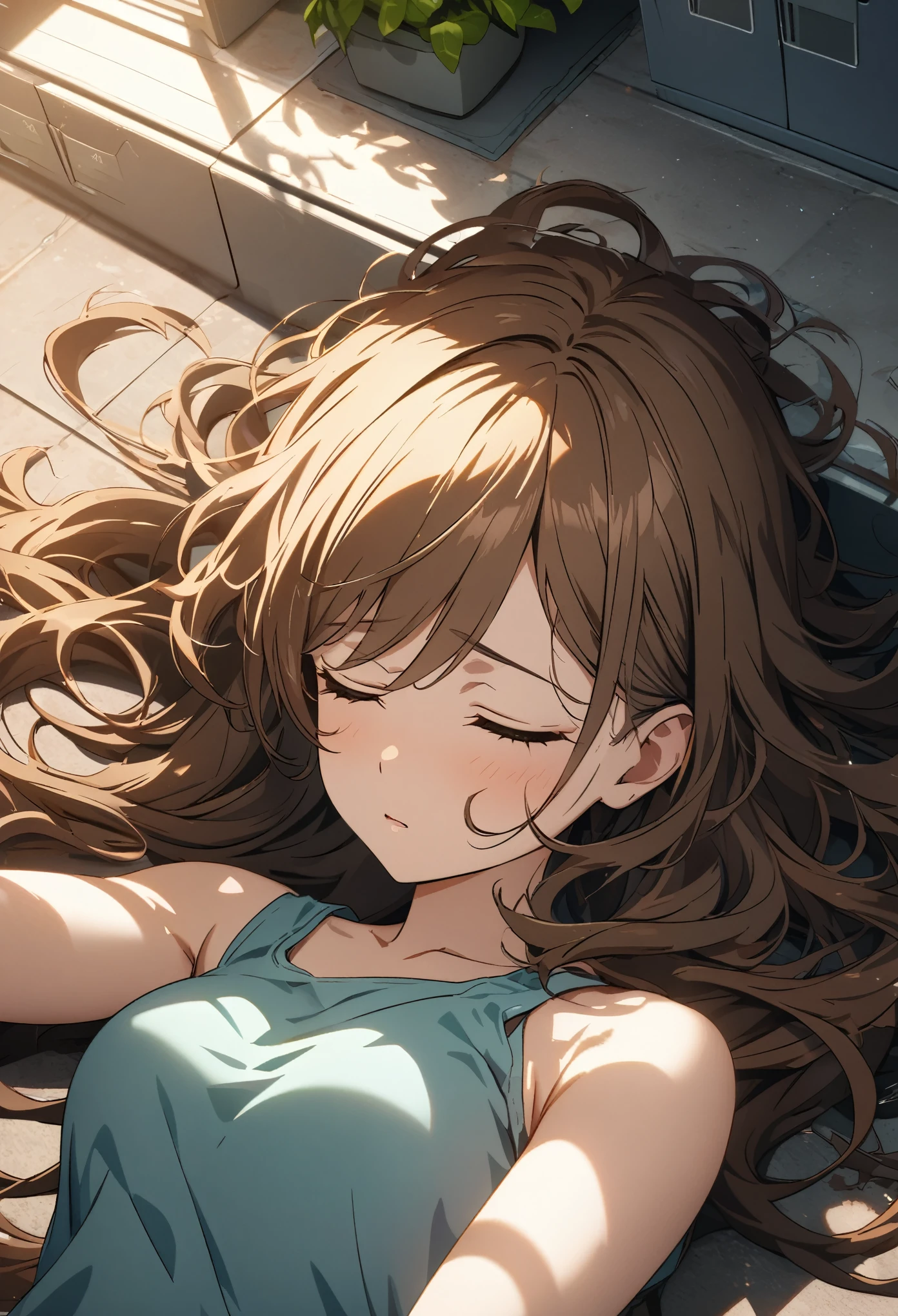 anime, ((close up, from above, unconscious, laying on ground, eyes closed), very long hair, brown hair, messy hair, closed eyes, swept bangs, teal tank top, jean shorts, hallway, lockers, potted plants, shadows,,(Very Thin),Swept Bangs, (Toned Arms), c (Masterpiece:1.2), Best Quality, high resolution, unity 8k wallpaper, illustration:0.8, beautiful detailed eyes:1.6, extremely detailed face, perfect lighting, extremely detailed CG, perfect hands, perfect anatomy