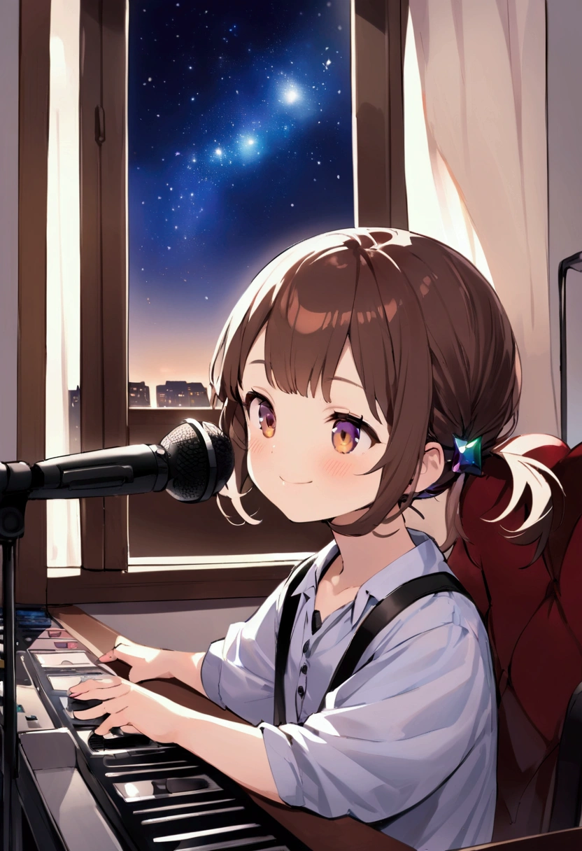 (Highest quality)(masterpiece)(８hair)、Alone in a private room、DJ Streamer、Brown Hair、Age 35、Radio Distribution、Speak into the microphone、Short Wolf Hairstyles、Upper Body、Jewel-like purple、smile、thin、You can see the starry sky from the window,cool