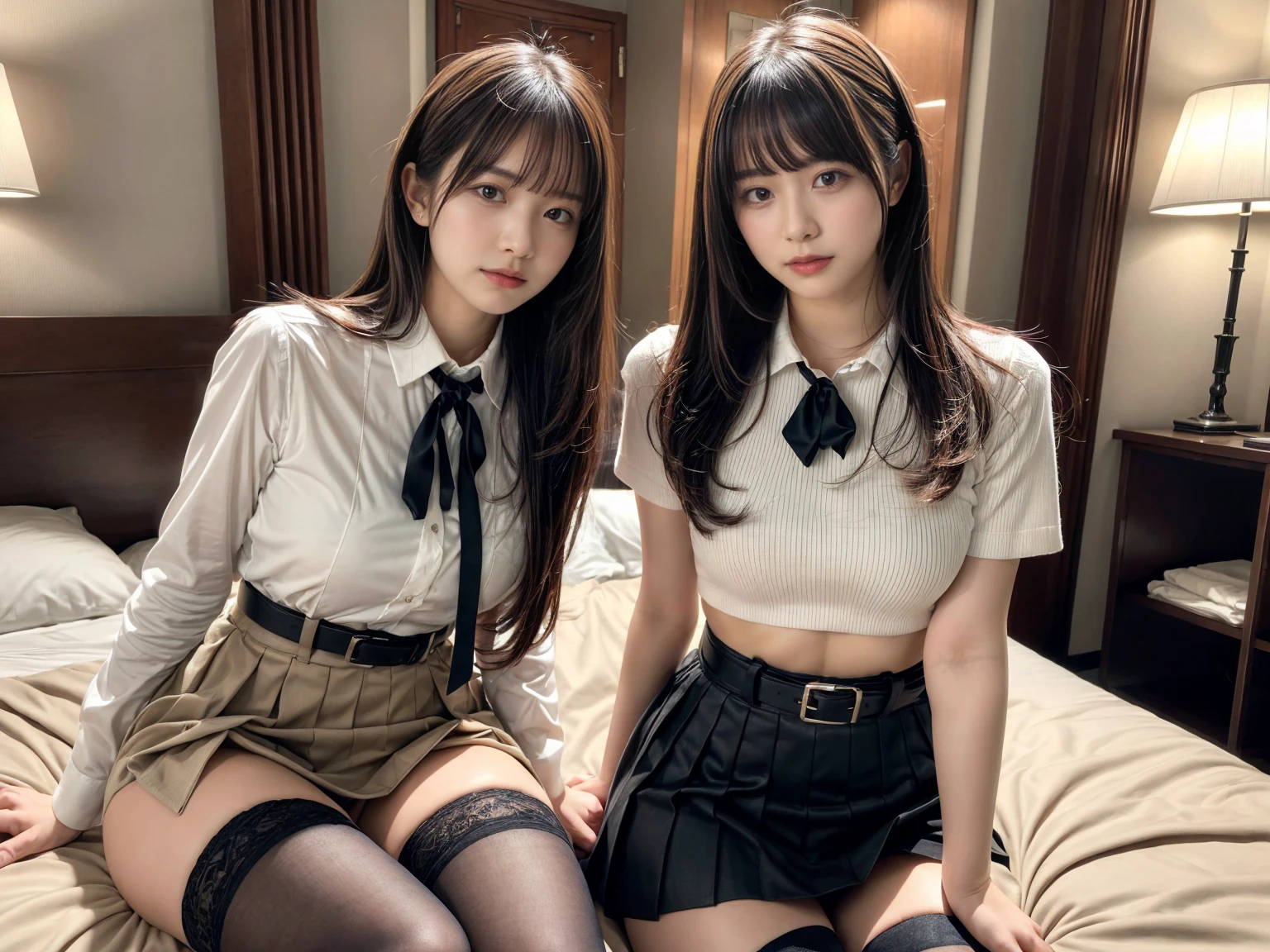 masterpiece, best quality, illustration, Super detailed, fine details, High resolution, 8K,wall paper, perfect dynamic composition,(Details High quality, realistic depiction of eyes:1.3), (2 girls), holster, bobby, Cutter shirt, a belt, suspenders, pleated skirt, garterbelts, knee high Stockings, sitting, open legs, short bob hair, in a hotel room in the background, deep on field, large breasts, black hair color, Big Natural Color Lip, (perfect body shape), crying a little、Harajuku style、20 year old girl、cute type、beautiful legs, Gravure Idol