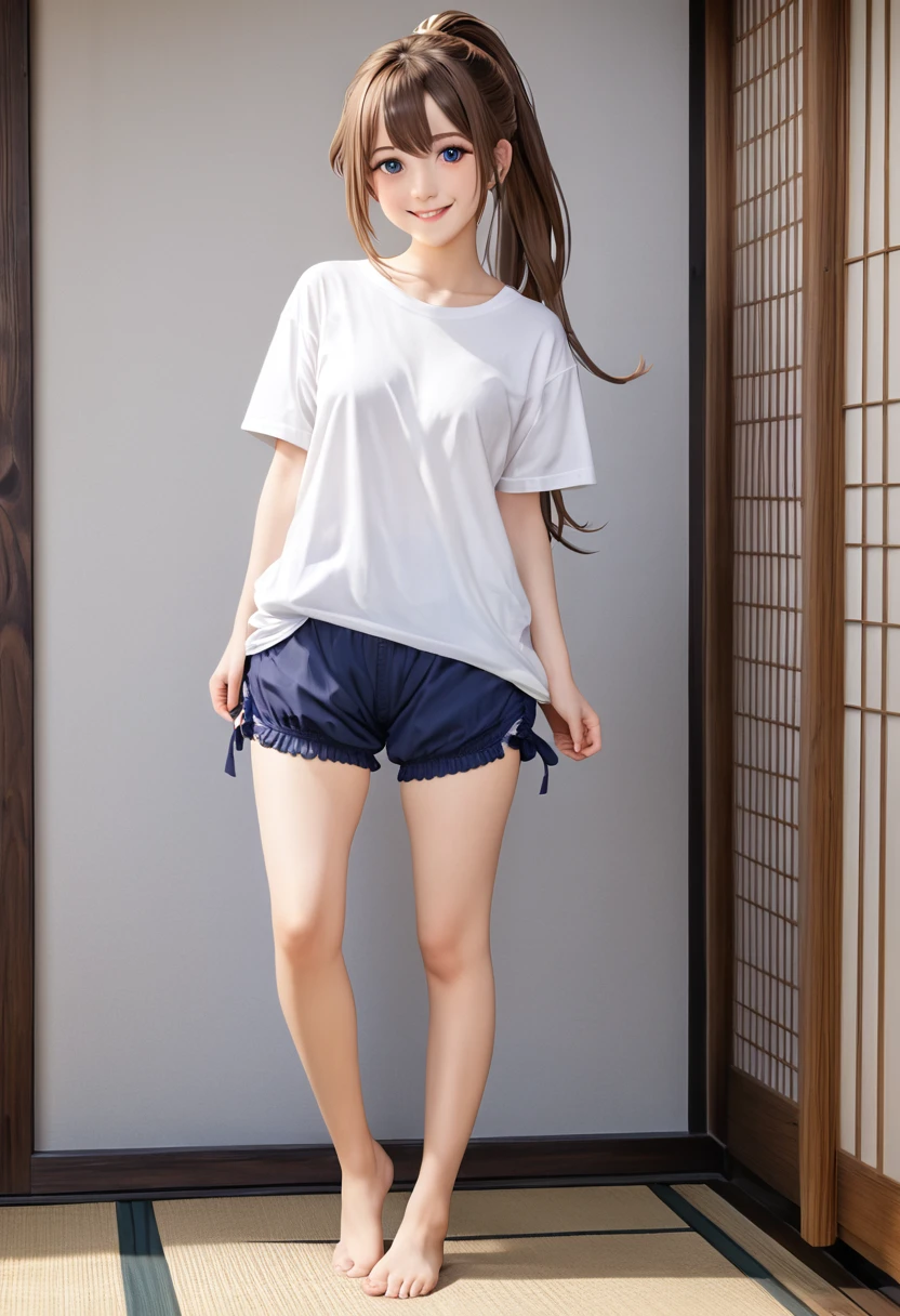 White large plainＴshirt)),((Navy blue bloomers)) 、Medium chest、ponytail, Japanese Girls, ((Full Body Shot))， Highest quality, masterpiece,One Girl, cute, Best Smile, Beautiful Eyes, Long Hair, Perfect Face,Full Body Shot