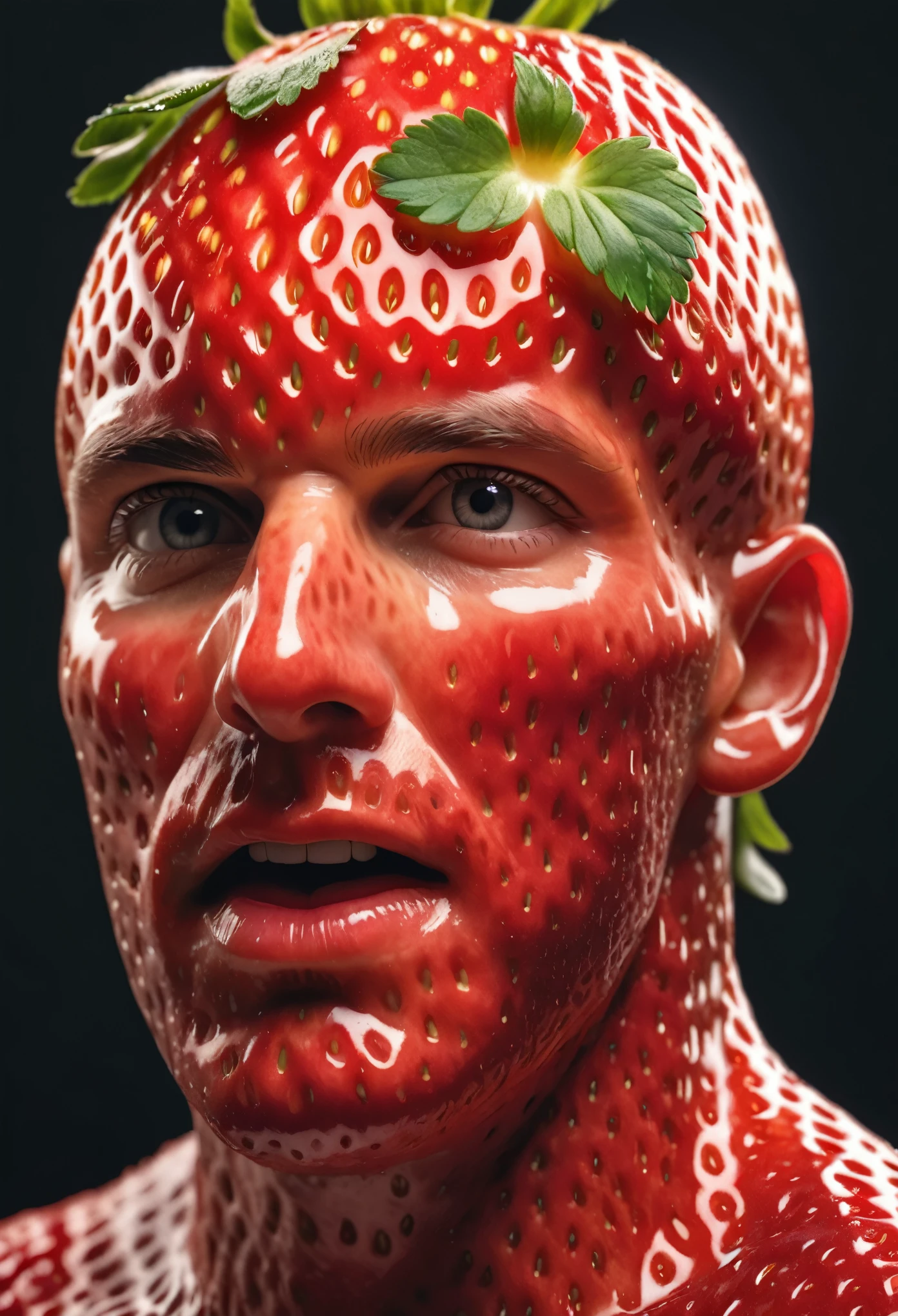 A mans head made of a strawberry, morph, photo realistic, RAW photo, subject, 8k uhd, dslr, soft lighting, high quality, film grain